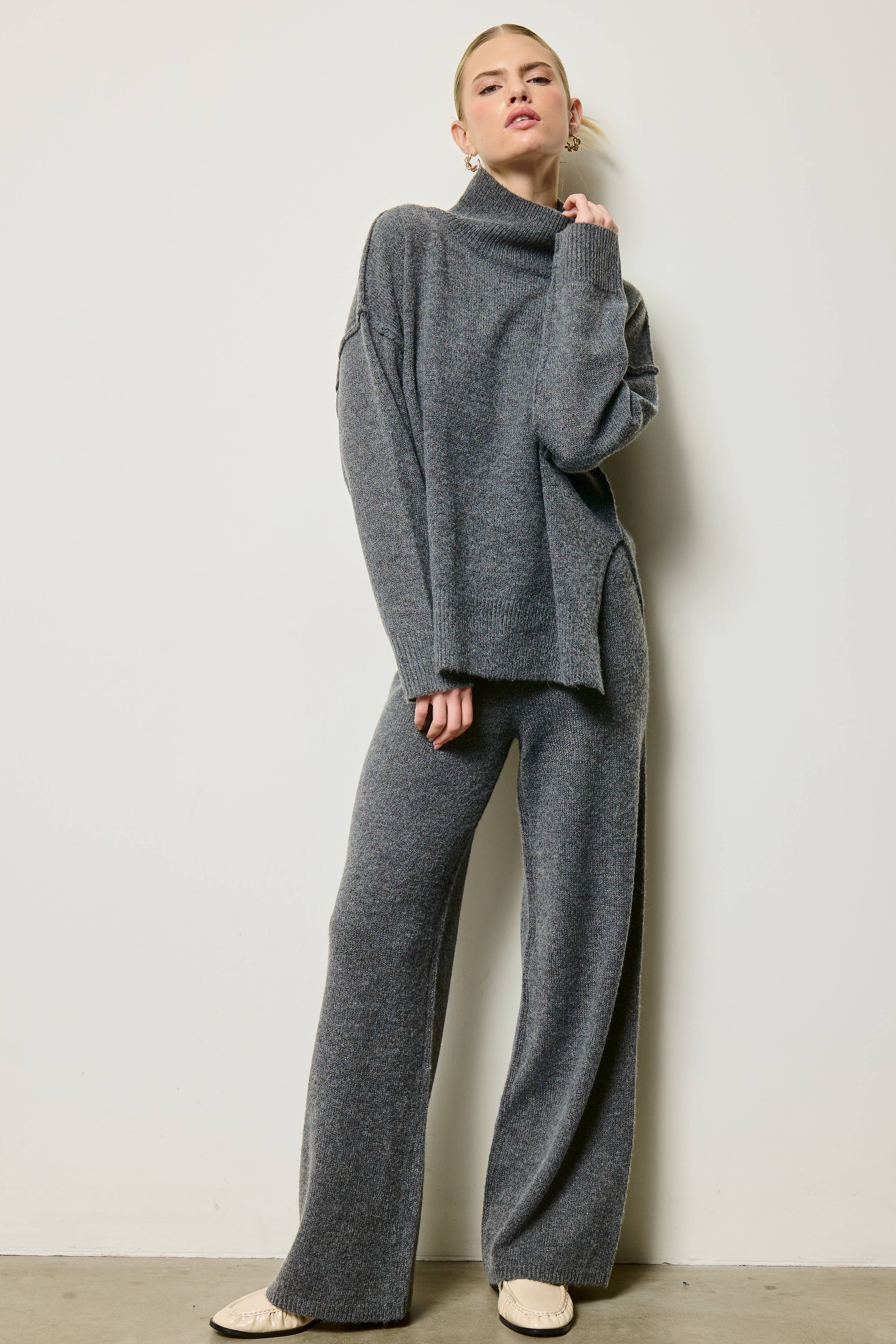 Mock Neck Side Slit Knit Sweater & Pants Set