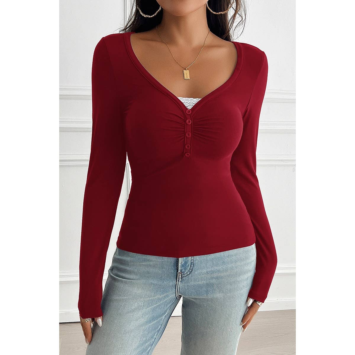 Solid Fit Long Button Trim Top