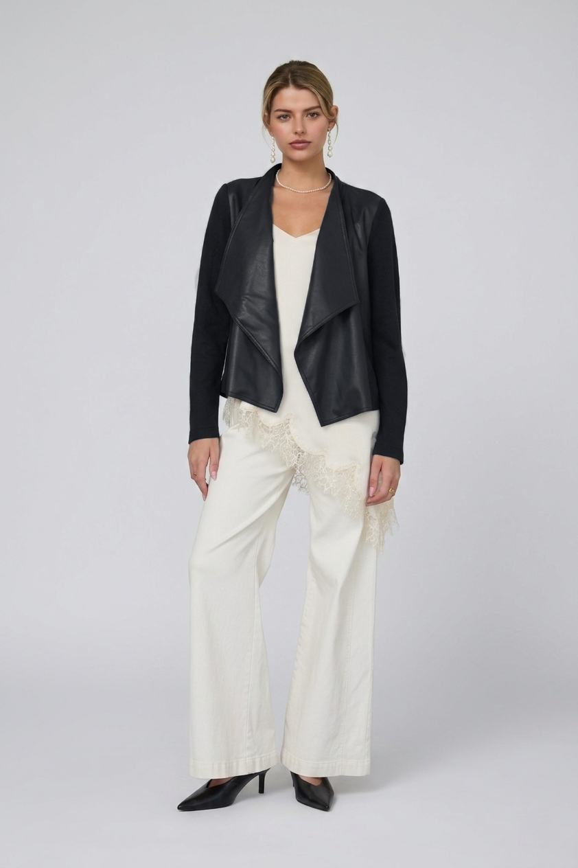 Mixed Media Faux Leather Draped Jacket