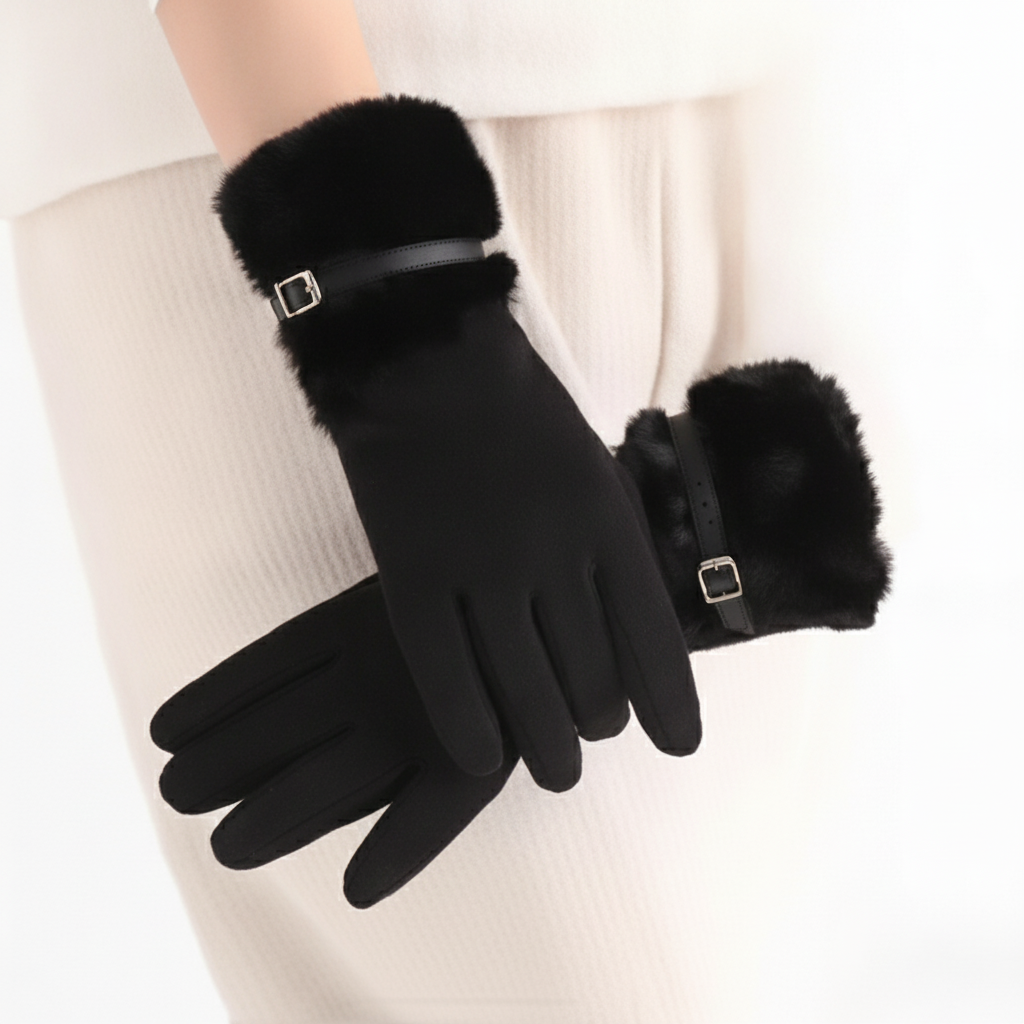 Fur trim Glove With Buckle