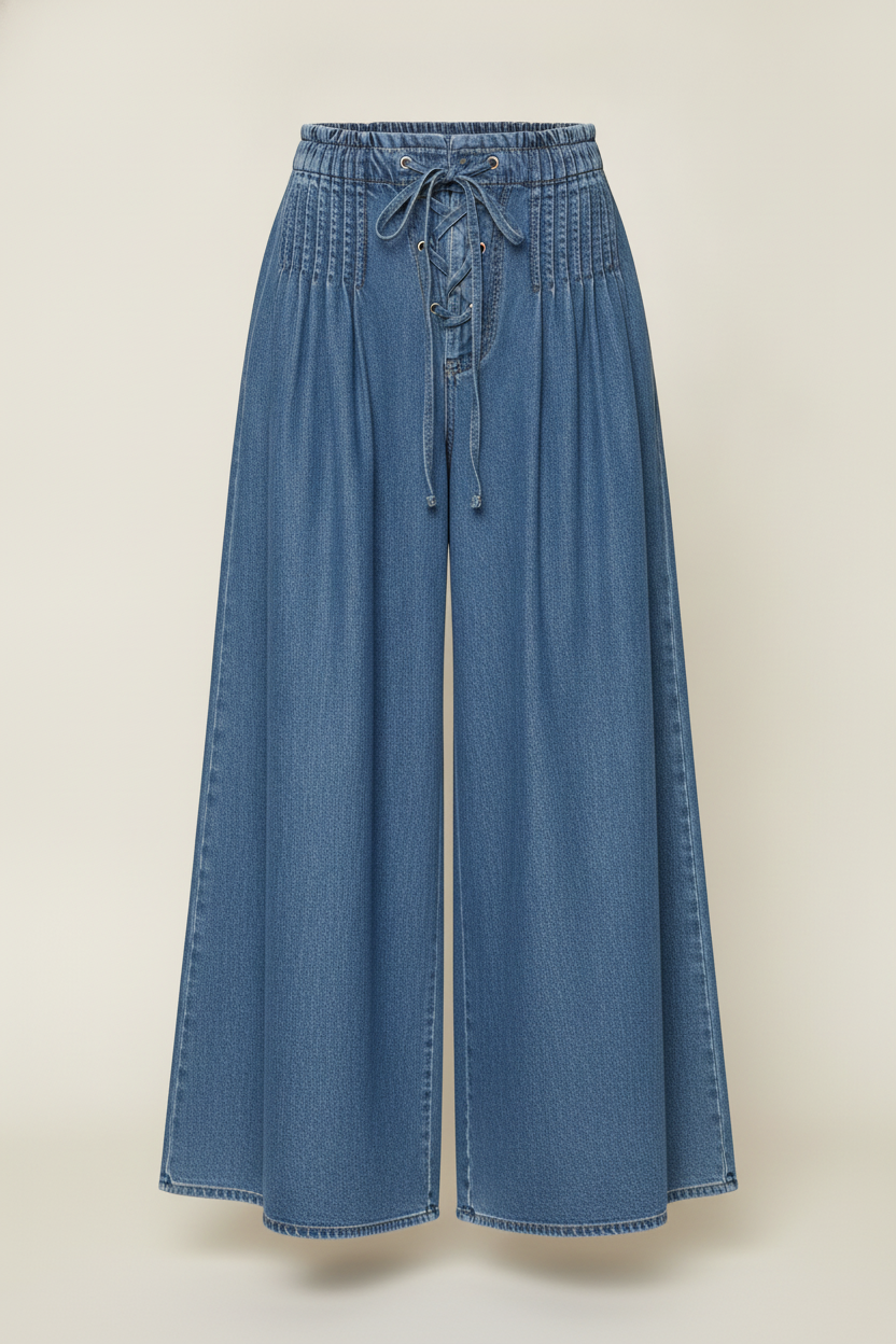 Pintuck Washed Denim Jeans