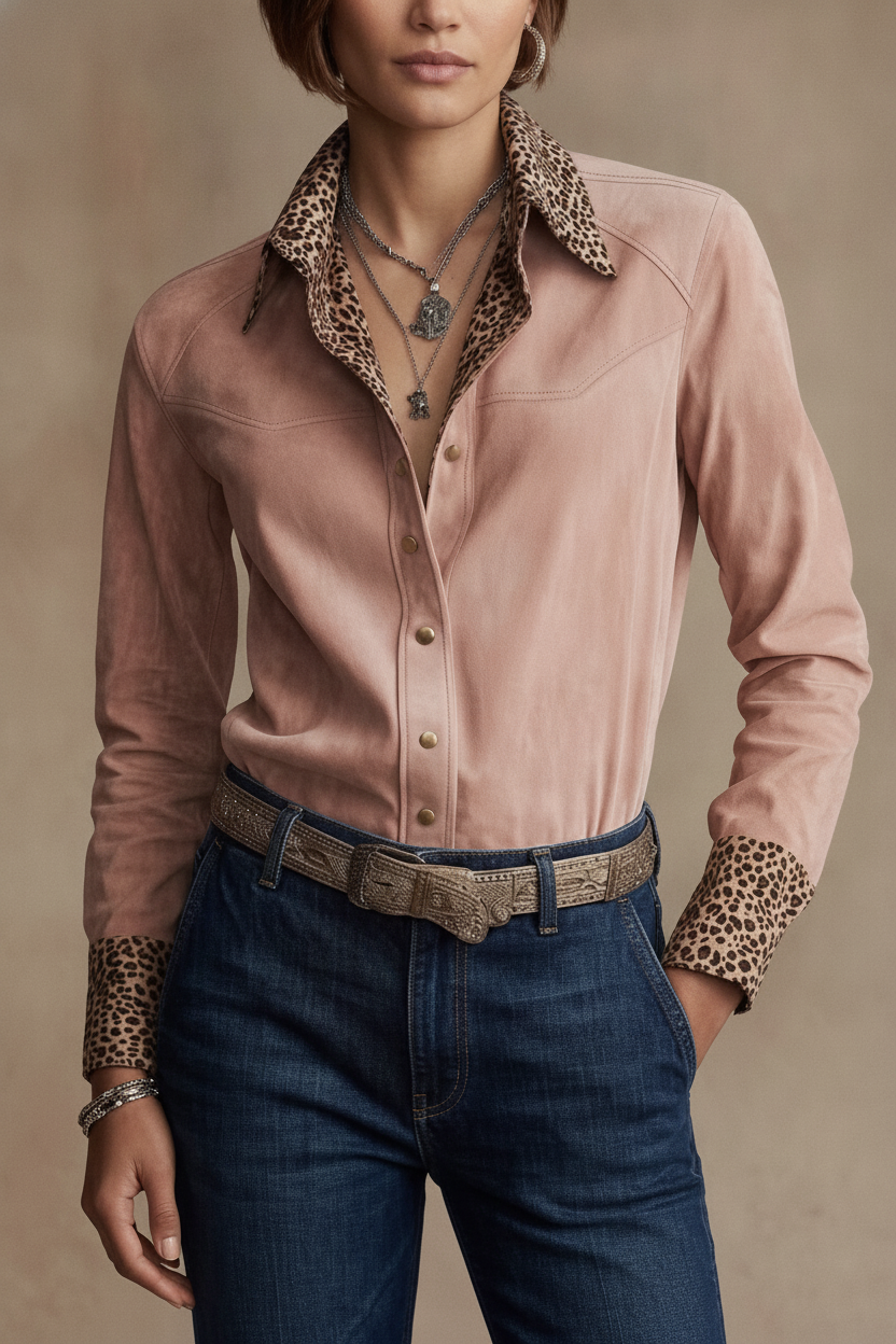 Vegan Suede Leopard Cuff Blouse