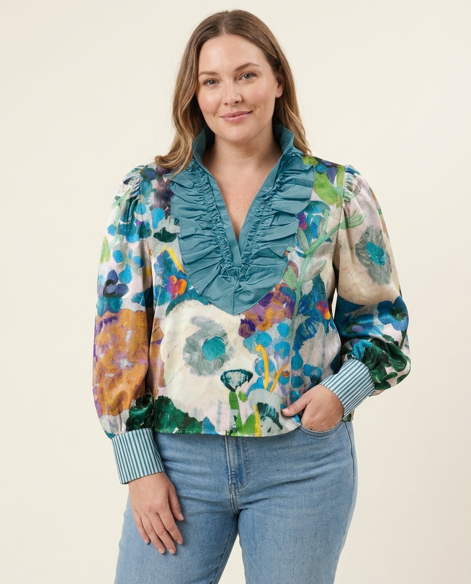 Ruffle Collar Stripe Cuff Top