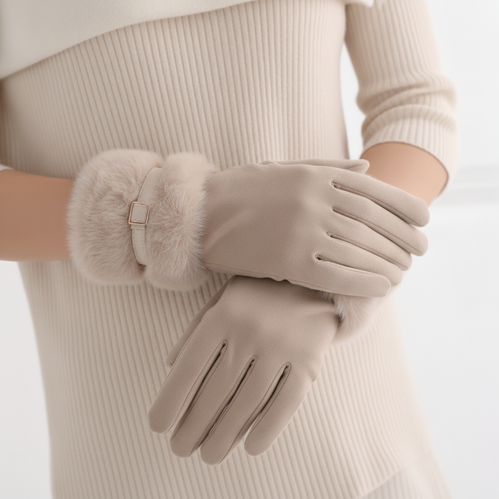 Fur trim Glove With Buckle