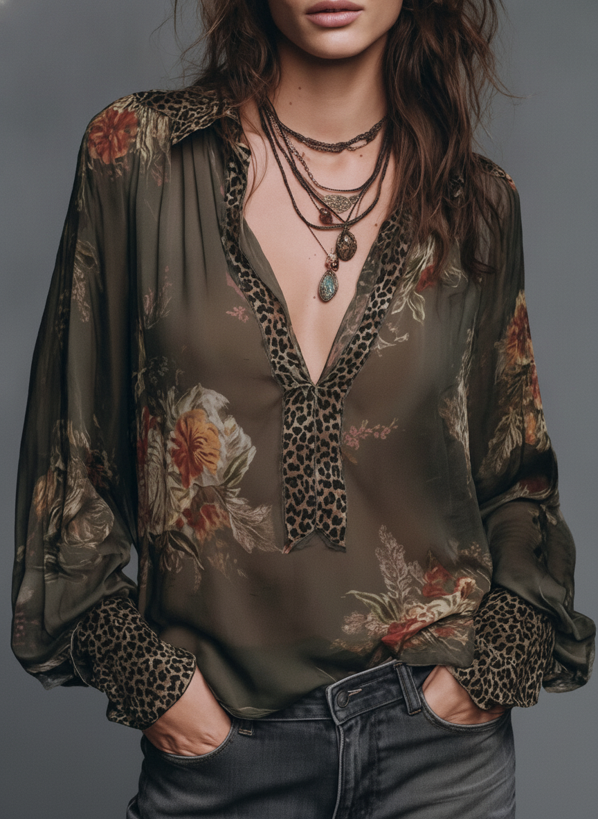 Leopard Trim Chiffon Blouse