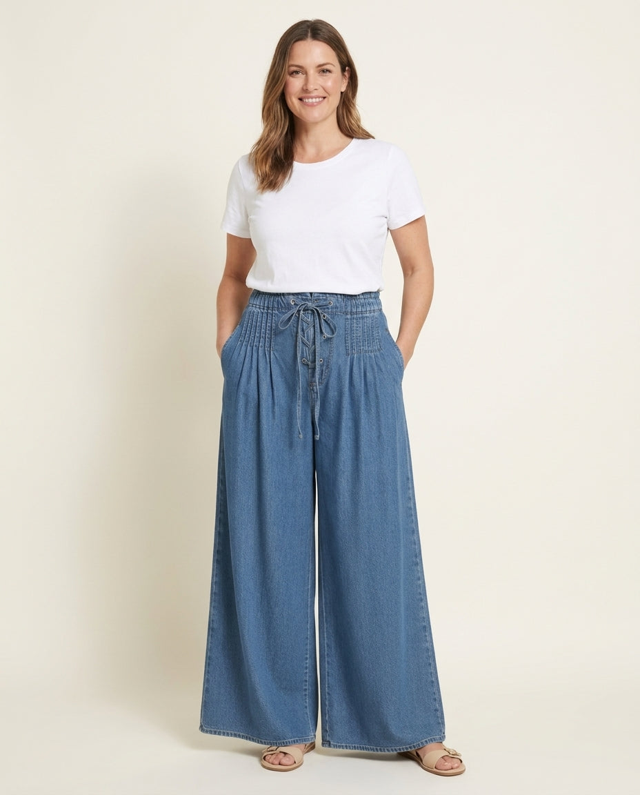 Pintuck Washed Denim Jeans