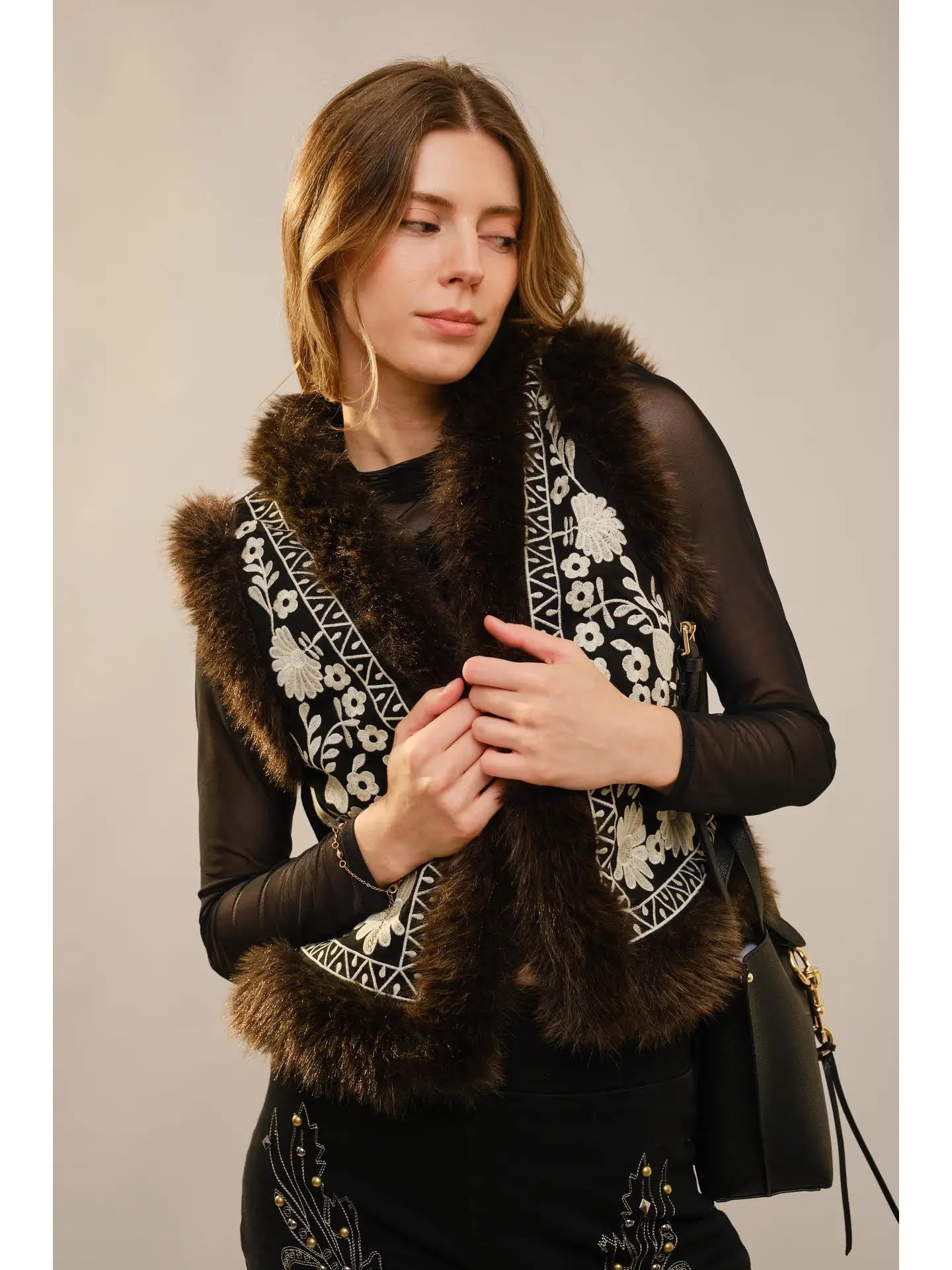 Faux Fur Floral Vegan Suede Vest