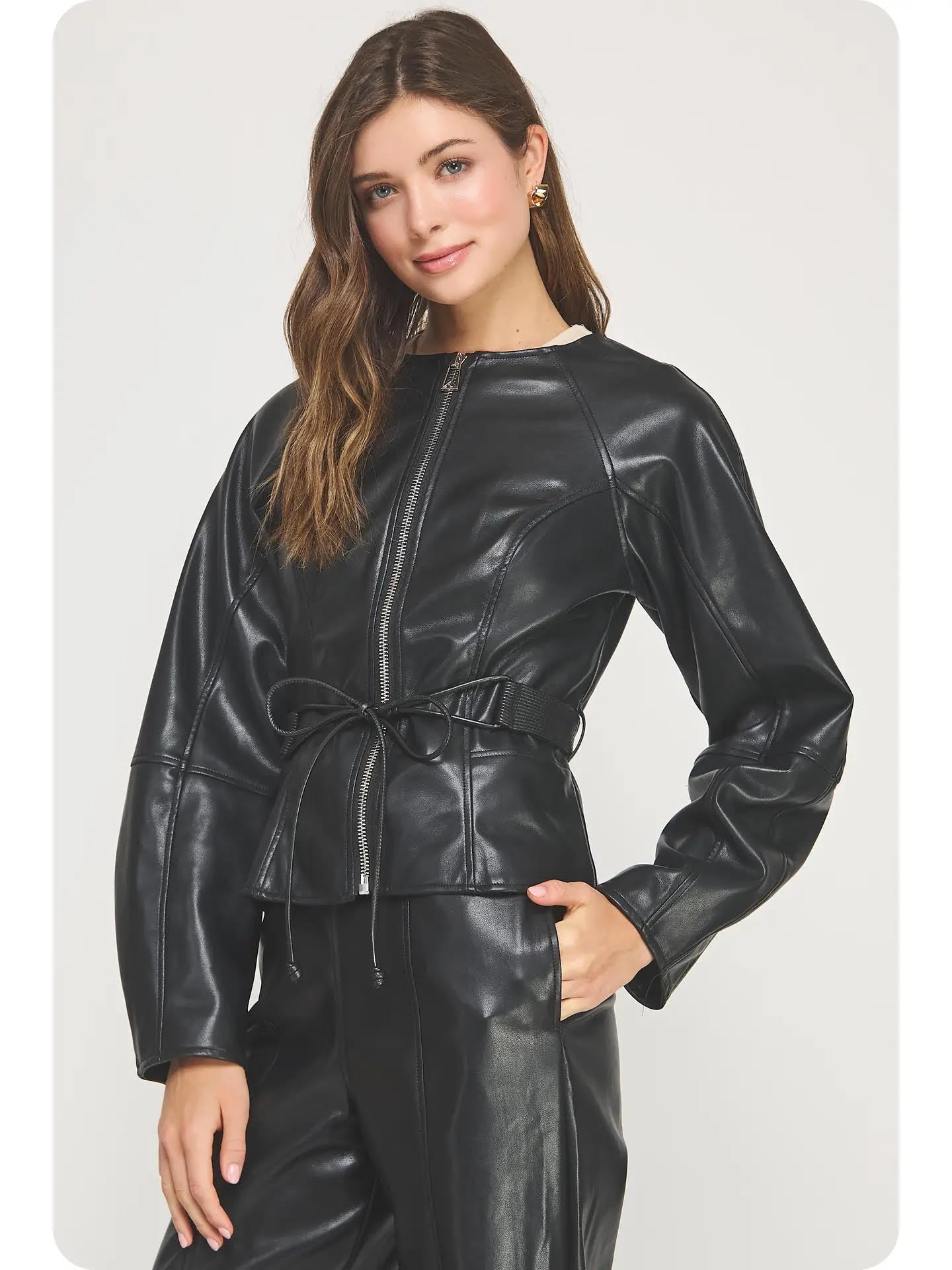 Belt Detail Faux Leather Jacket