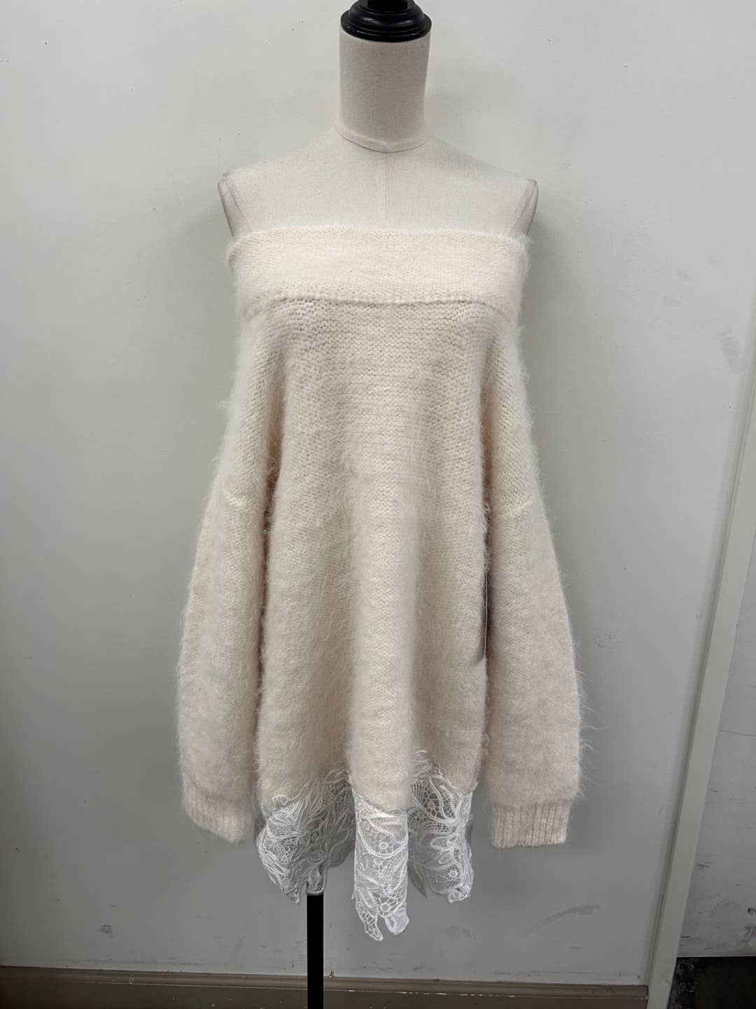 Lace Trim Off-Shoulder Fuzzy Knit Dress
