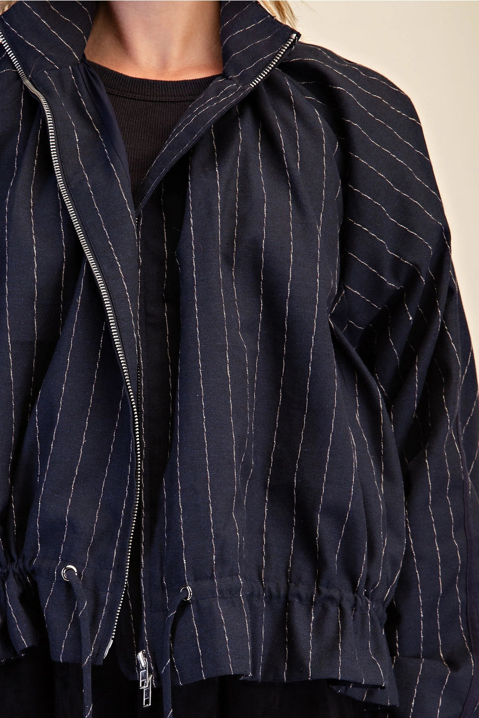 Crop Jacket Funnel-Neck Stripe