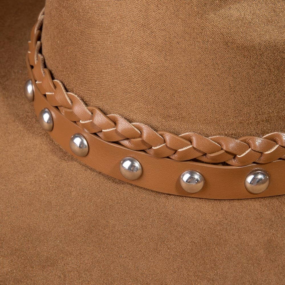 Braided And Studded Strap Faux Suede Cowboy Hat
