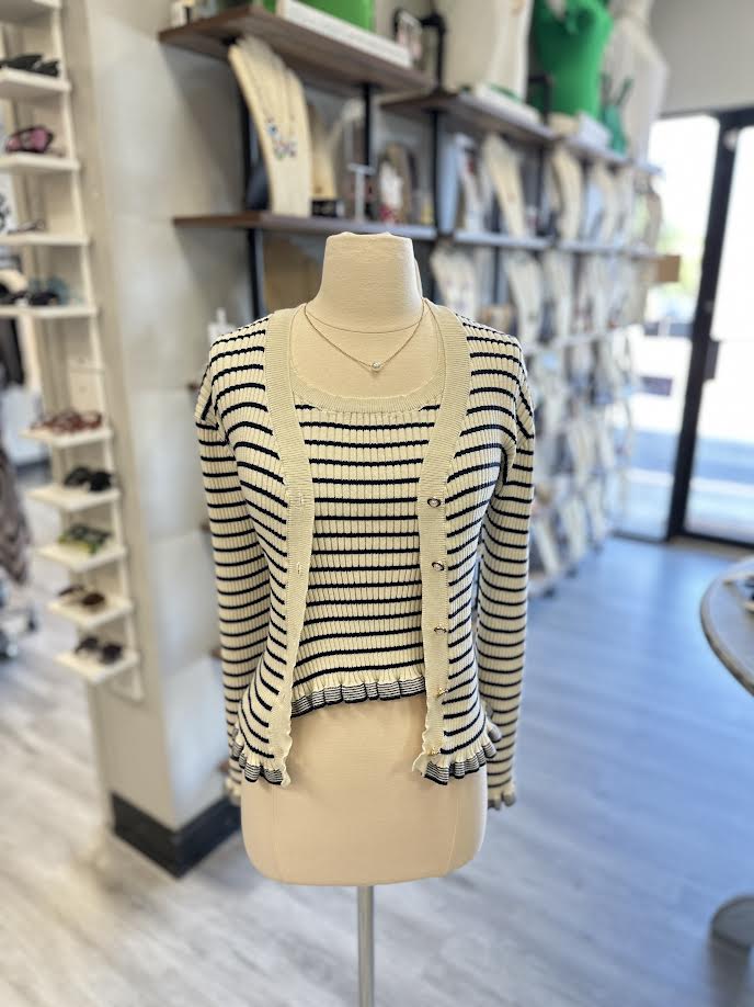 Scallop Stripe Button Up Sweater