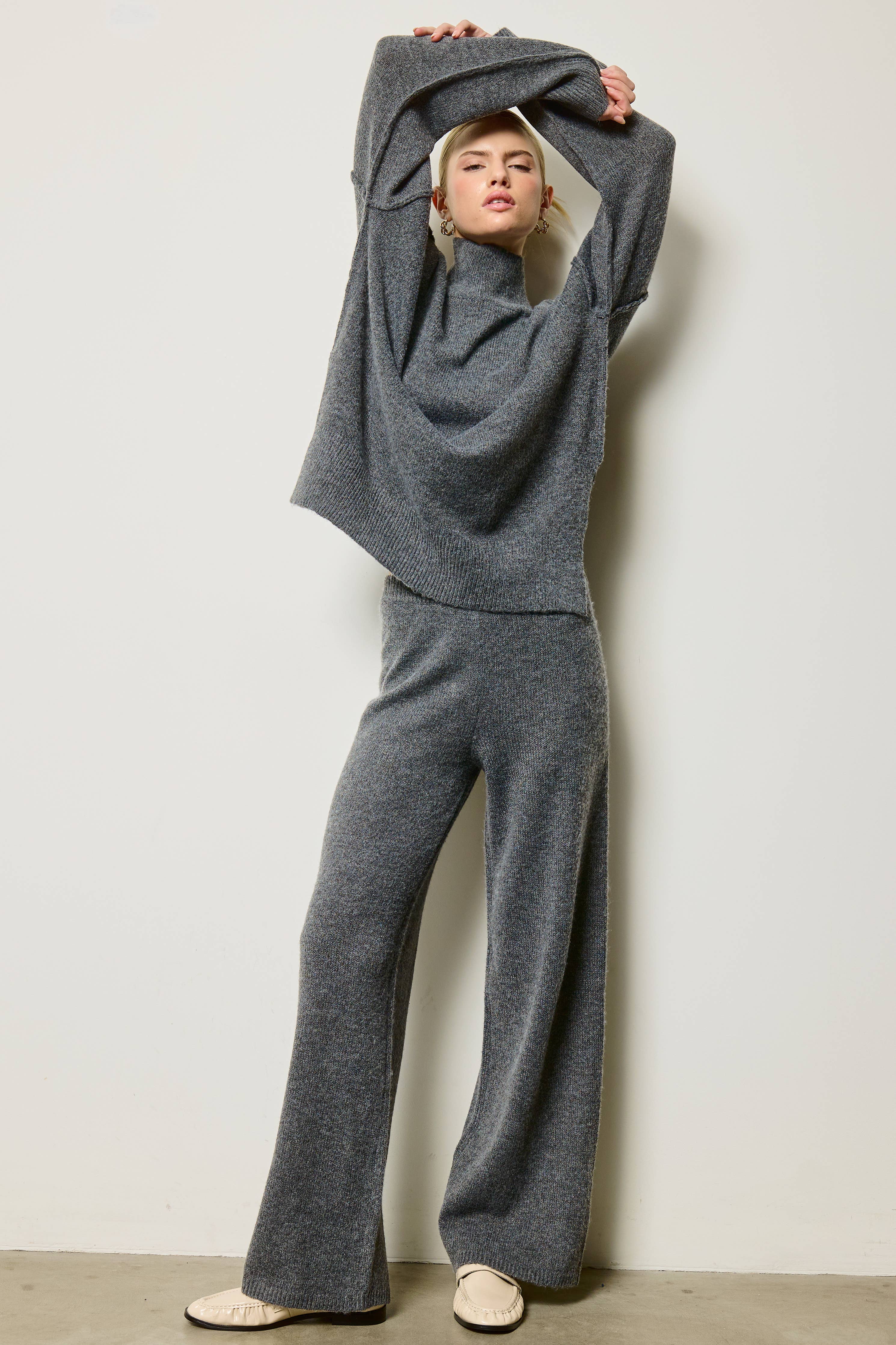 Mock Neck Side Slit Knit Sweater & Pants Set