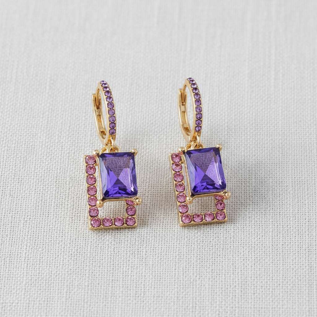 Purple Crystal Square Hoop Earrings