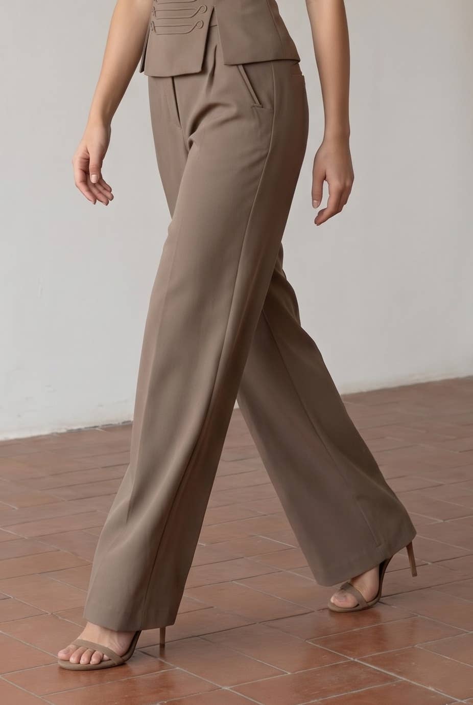 High-Waisted Wide Leg Trousers with Soutache Waistband