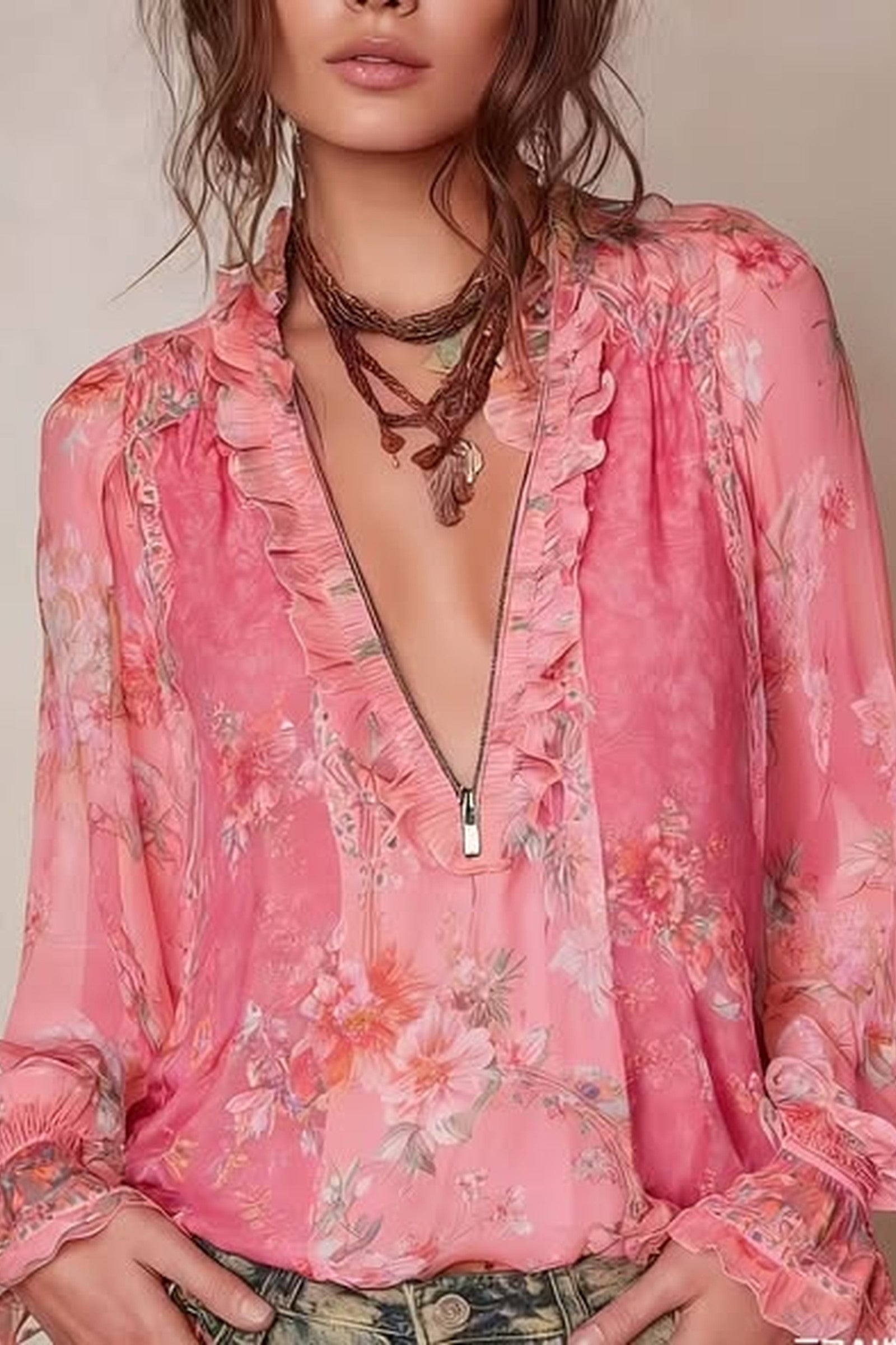 Floral Ruffle Zip Blouse