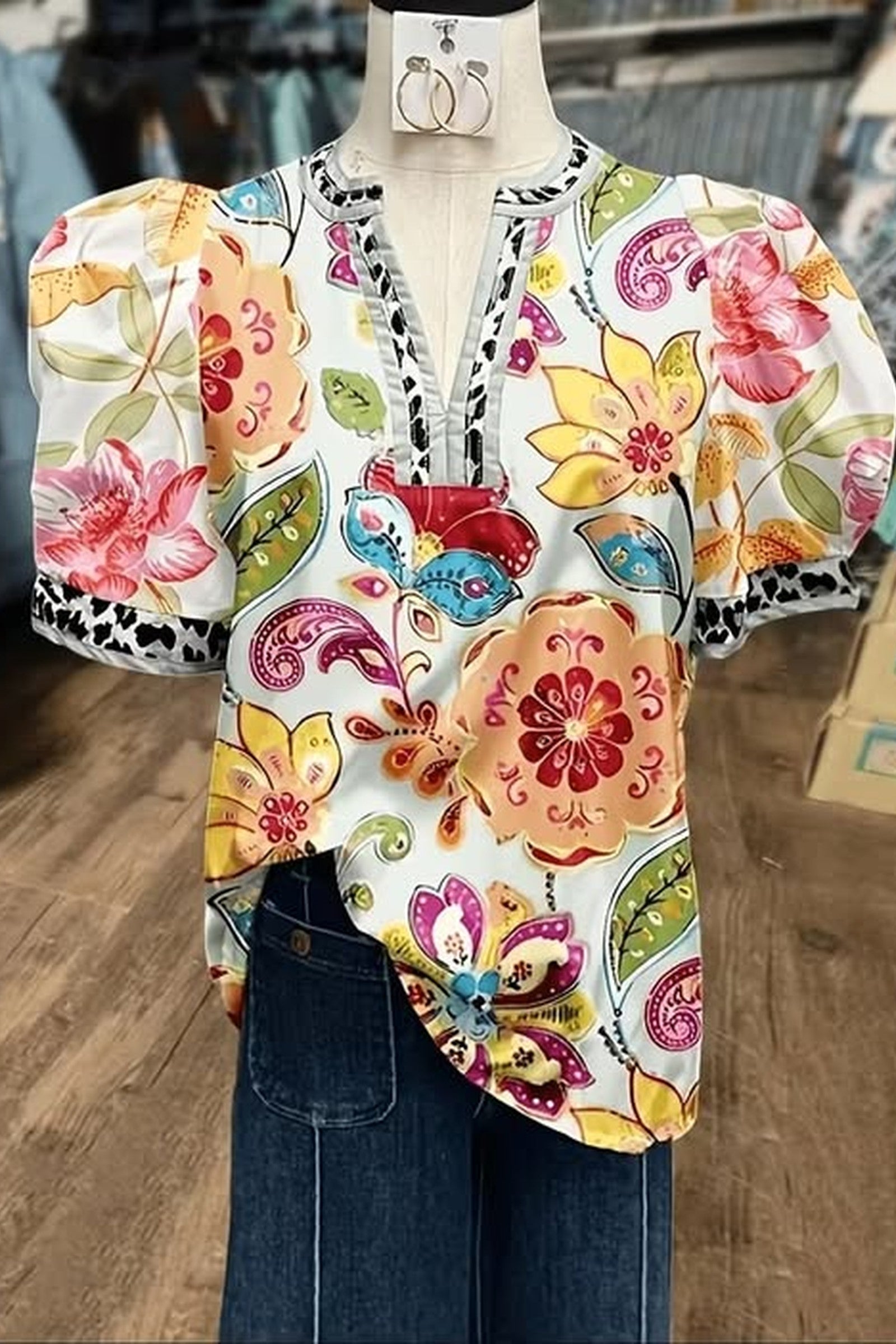 Colorful Leopard Trim Blouse