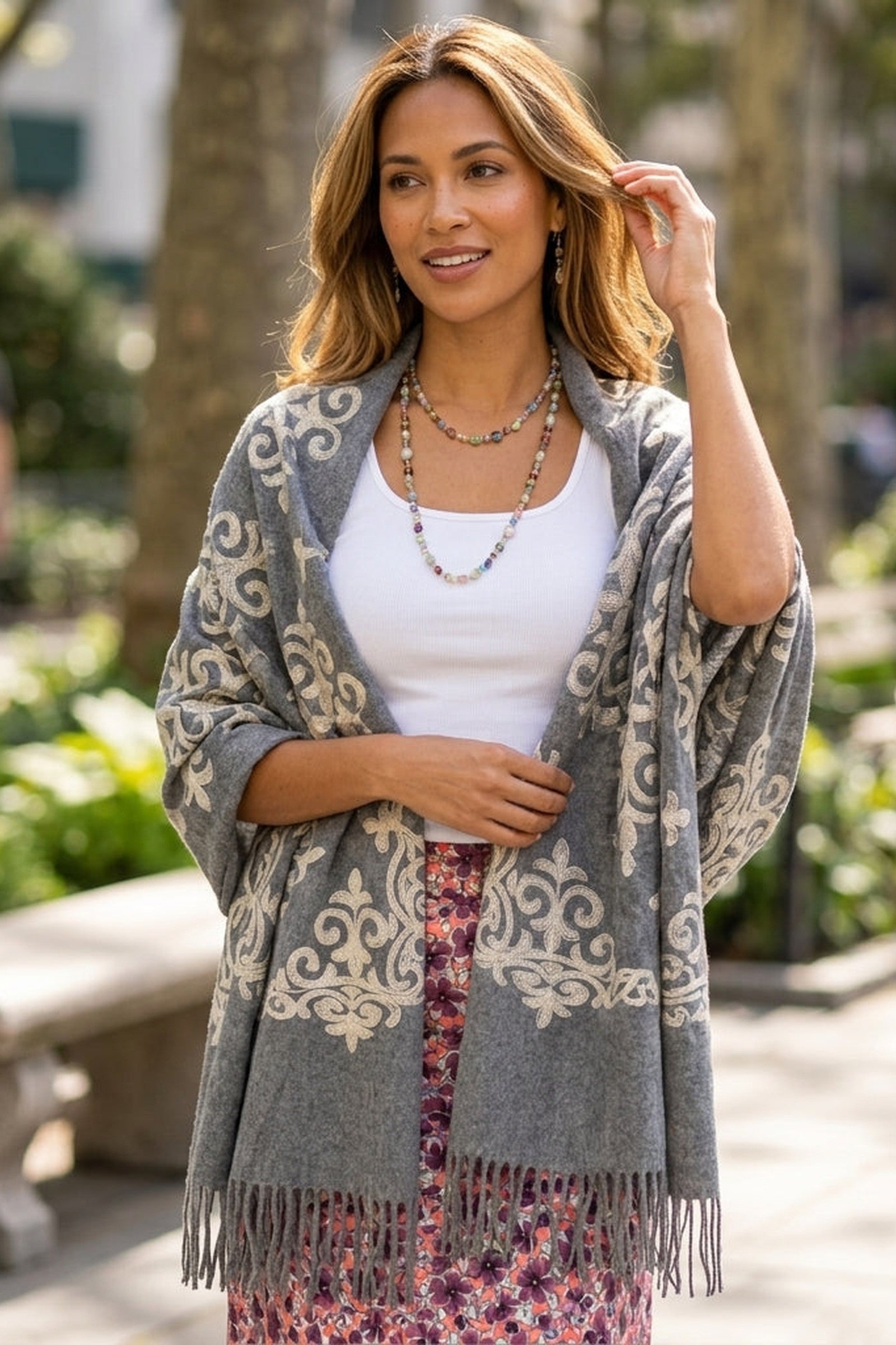 Floral Stitching Fringe Scarf
