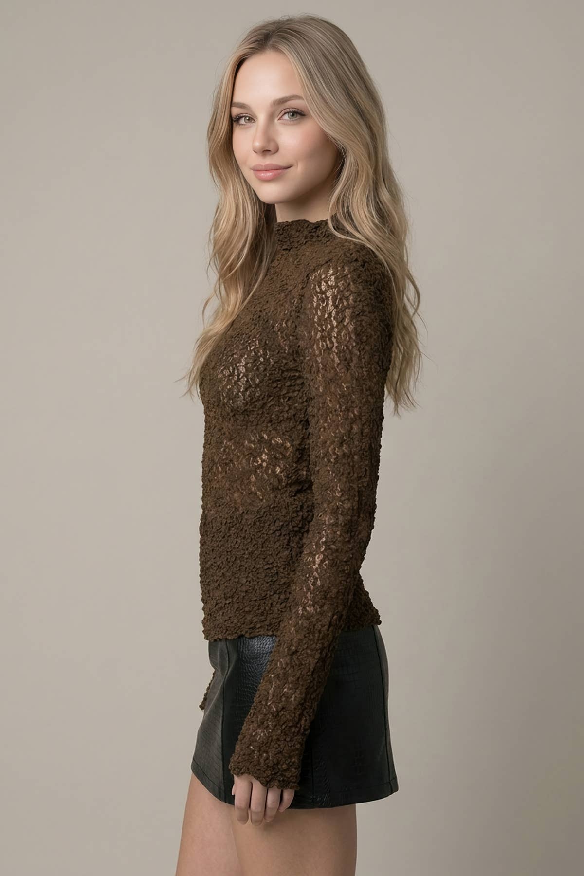 Lace Mock Neck Semi Bell Slv Top