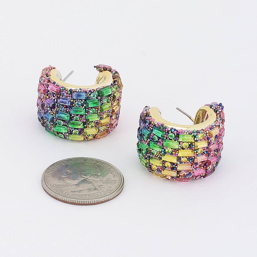 Pave Baguette Rhinestone Chunky C-Hoop Earrings