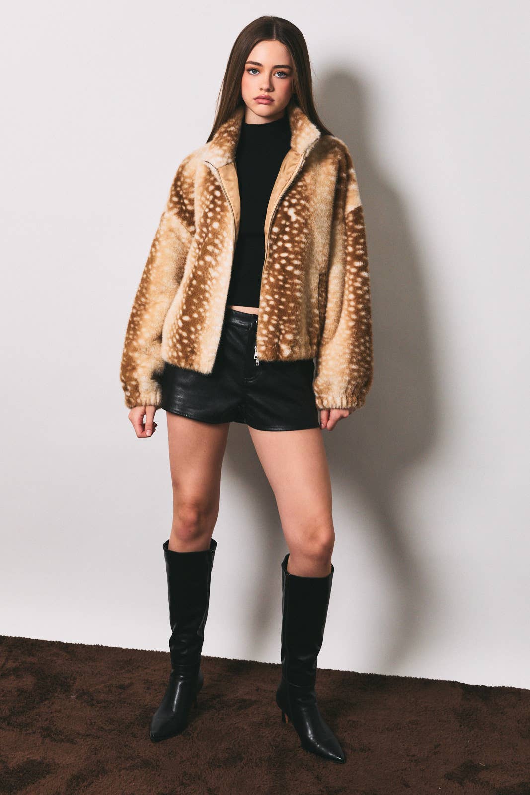 Faux Fur Deer Print Zip Jacket