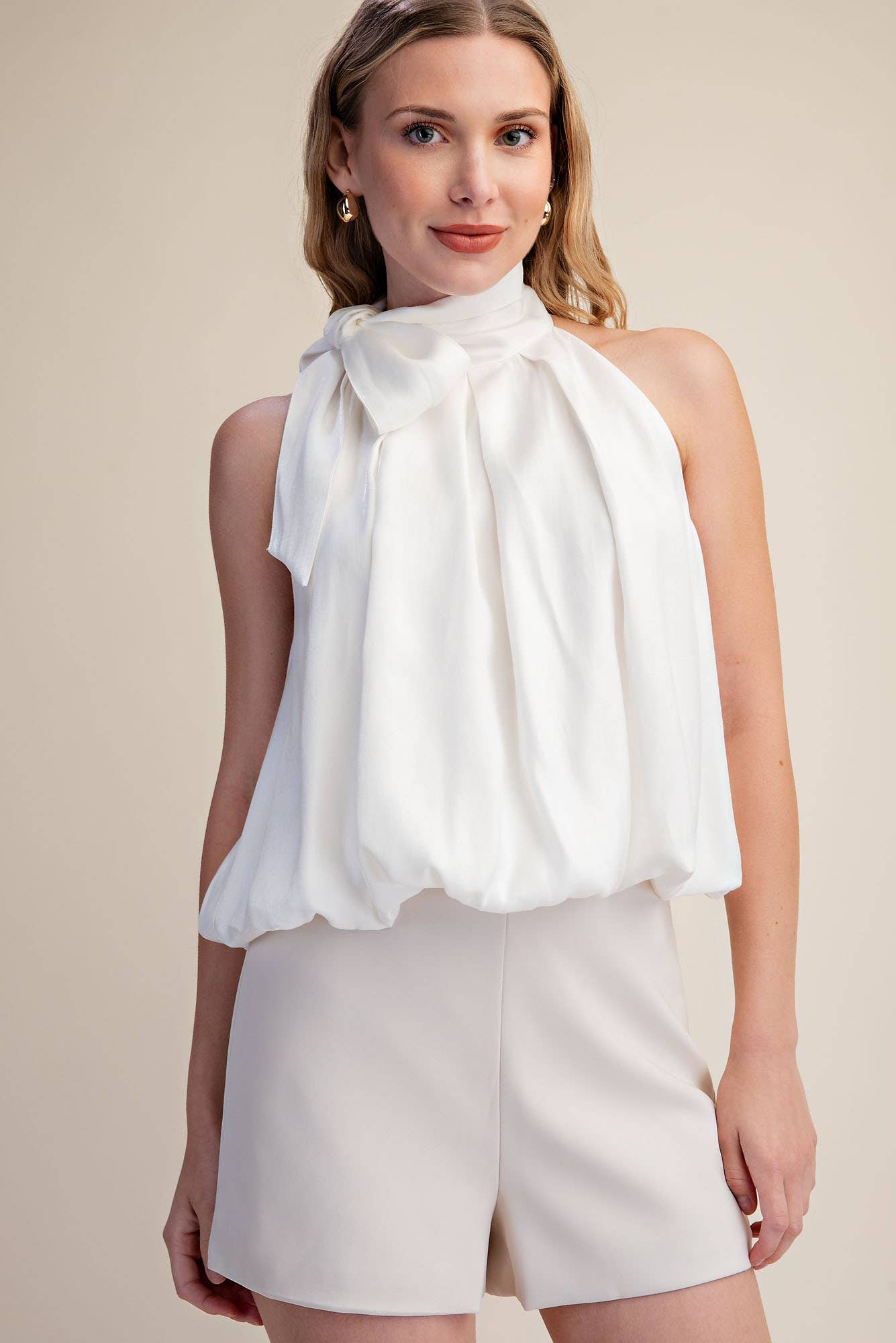 High Neck Tie Wrap Sleeveless Bubble Top