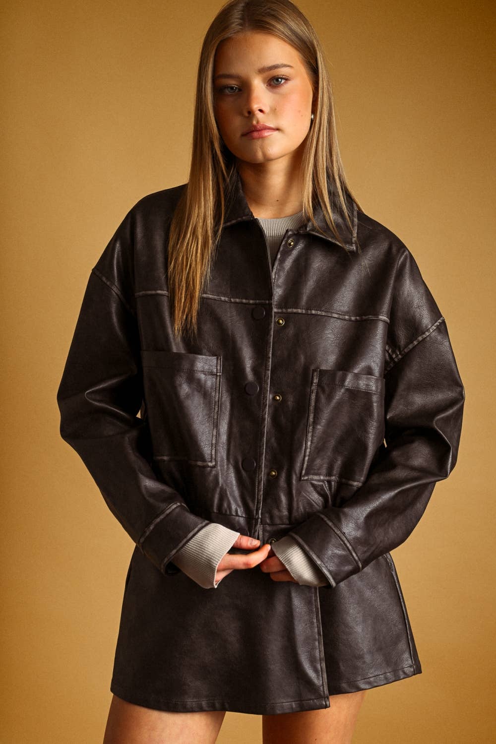 WASHED EFFECT BUTTON FRONT PU JACKET