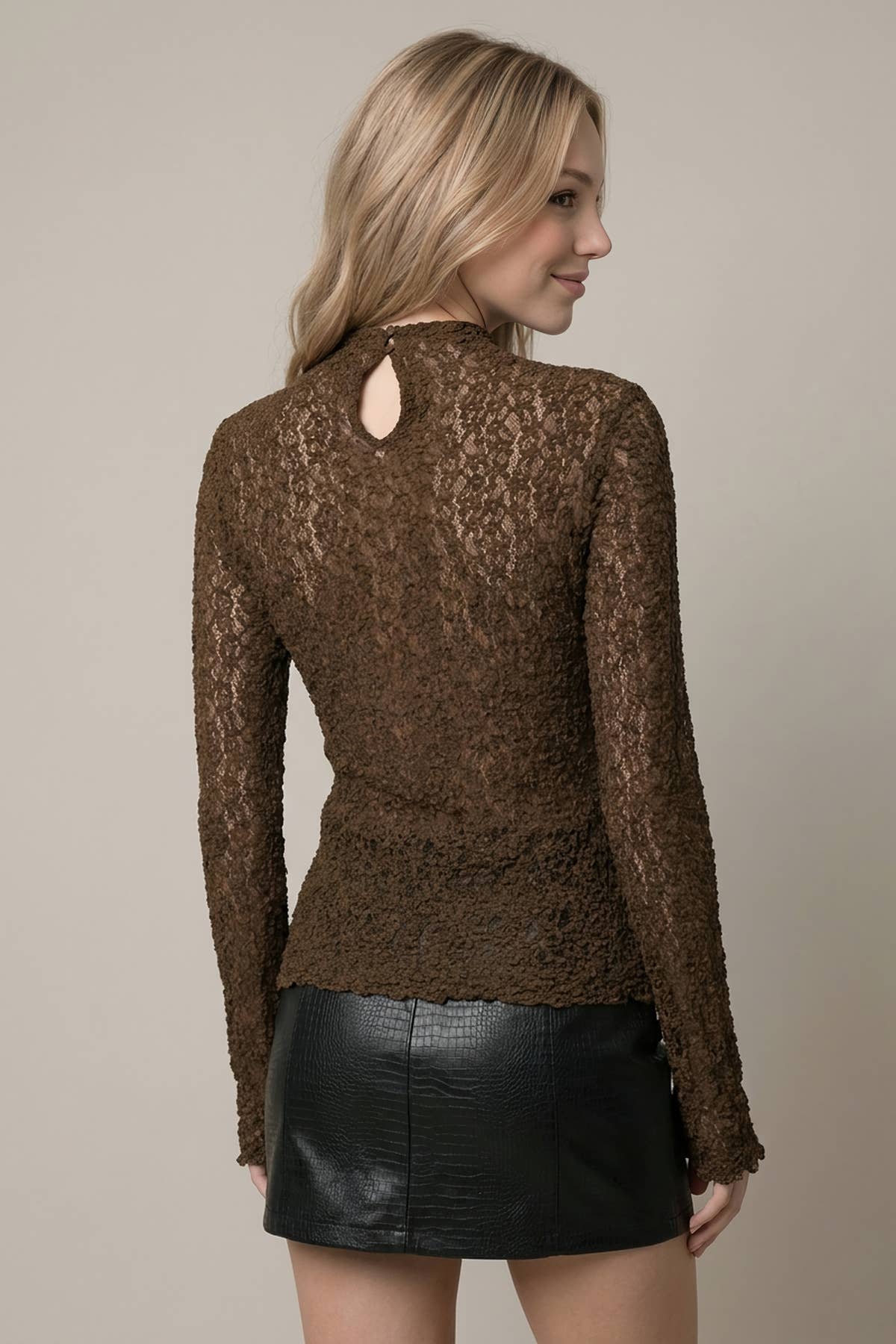 Lace Mock Neck Semi Bell Slv Top