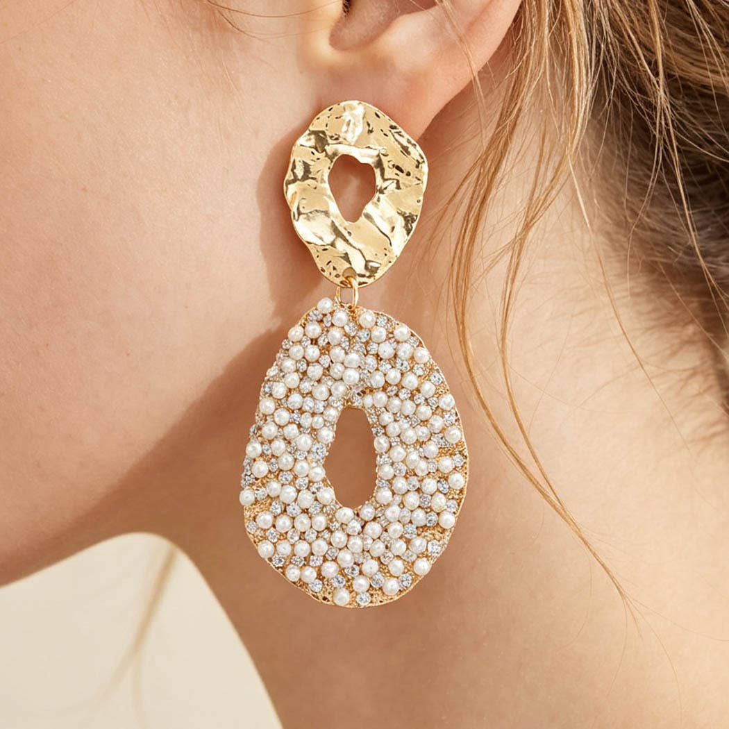 Two-Tier Hammered Pearl Hoop Drop Earrings