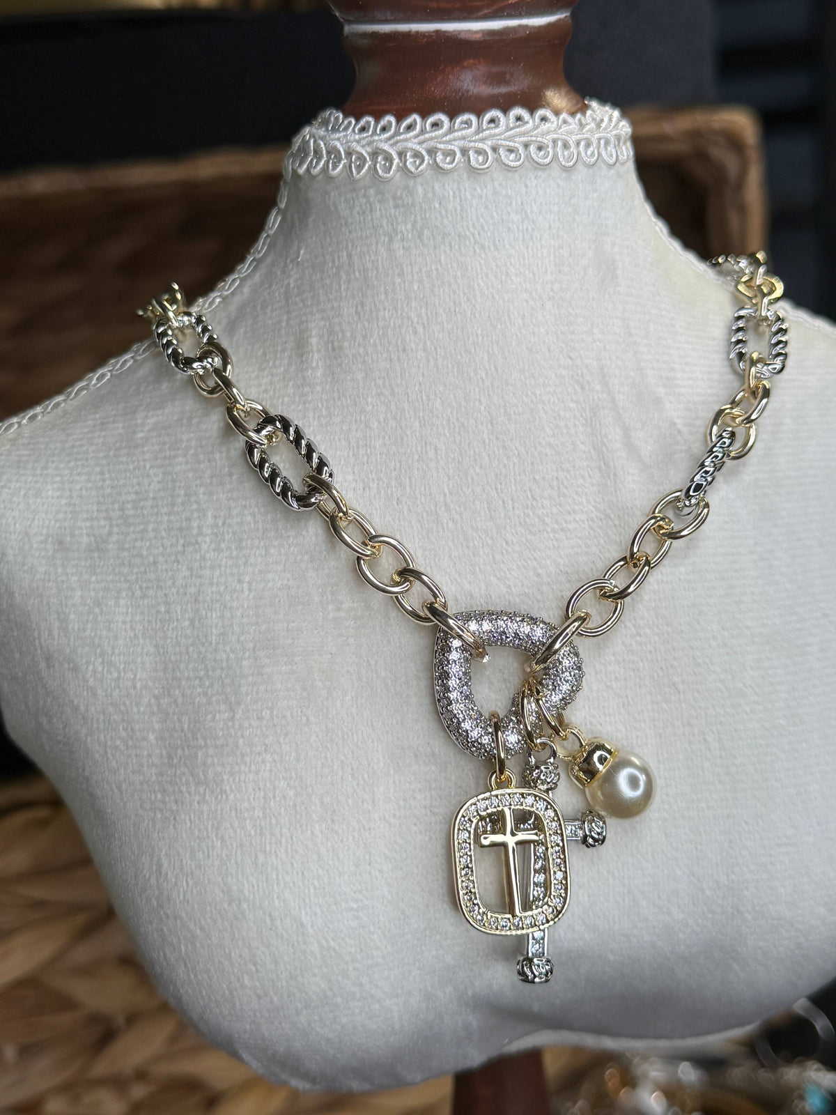 Two-Tone Link Necklace with Heart & Cross