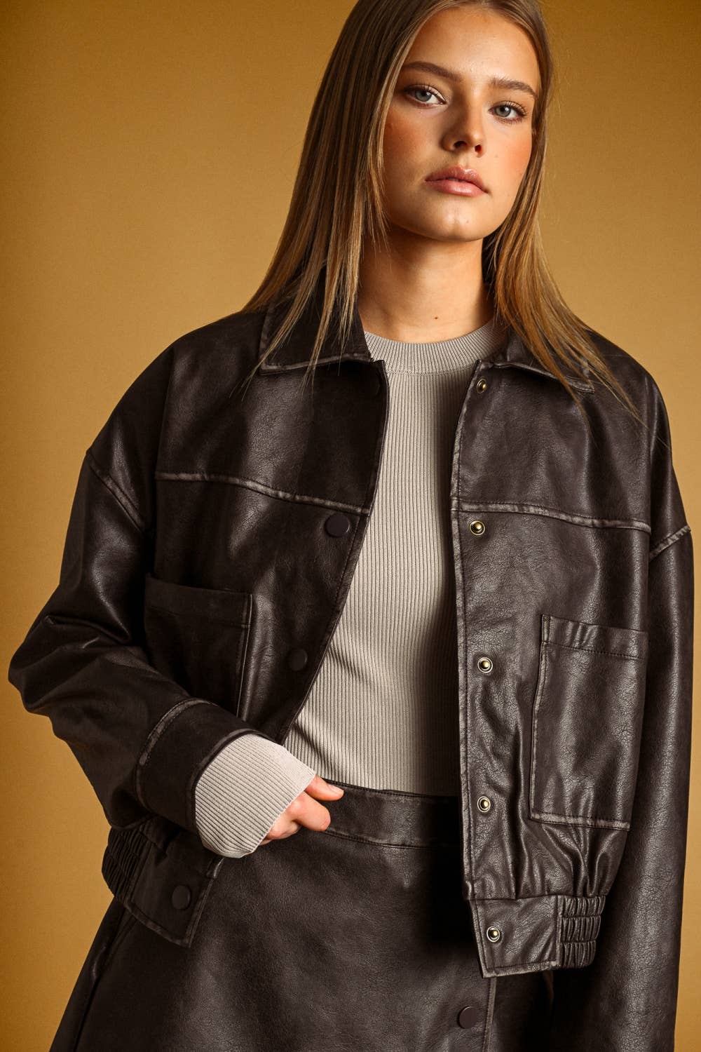 WASHED EFFECT BUTTON FRONT PU JACKET