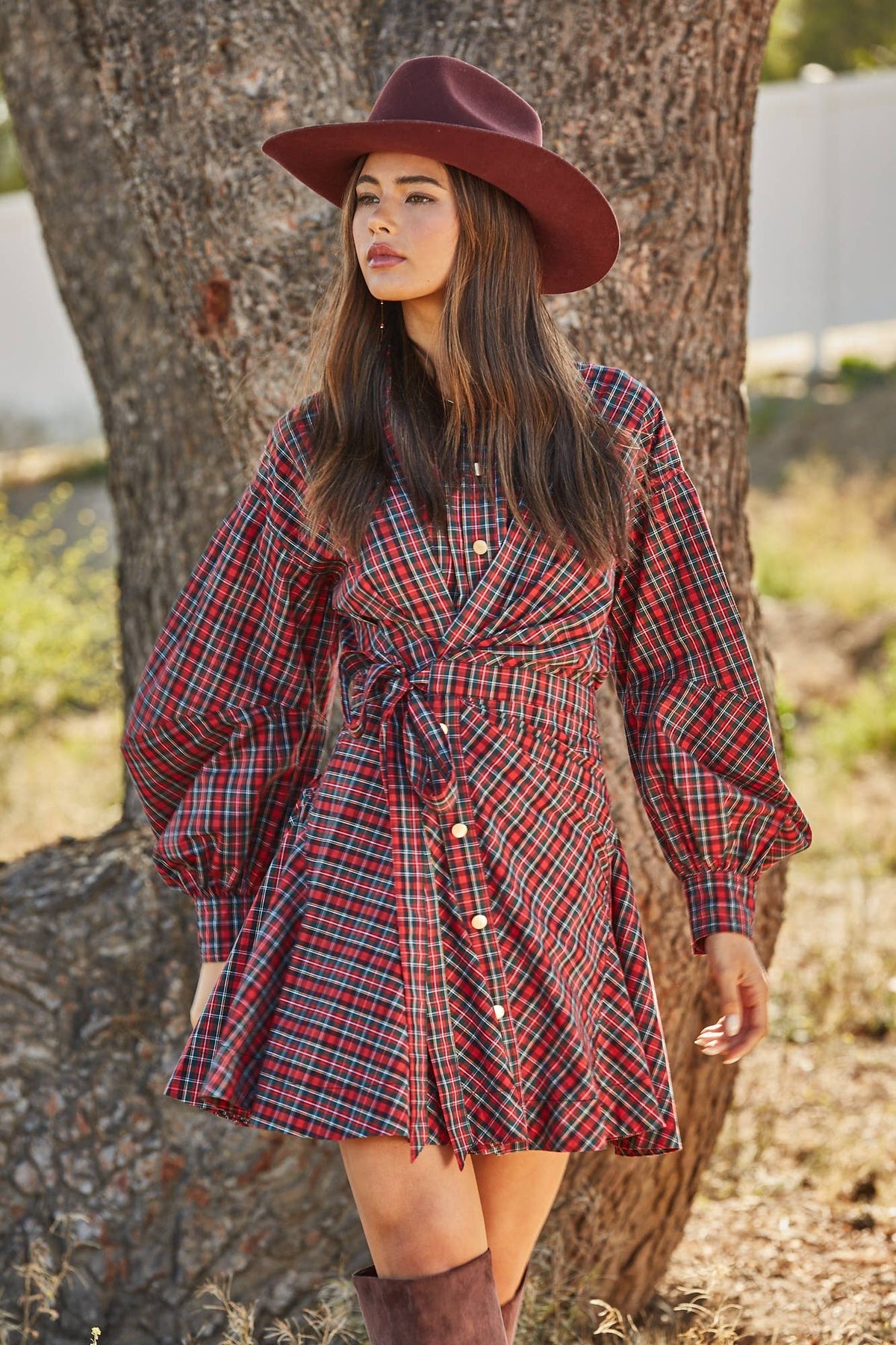 Asymmetrical Ruched Plaid Wrap Dress