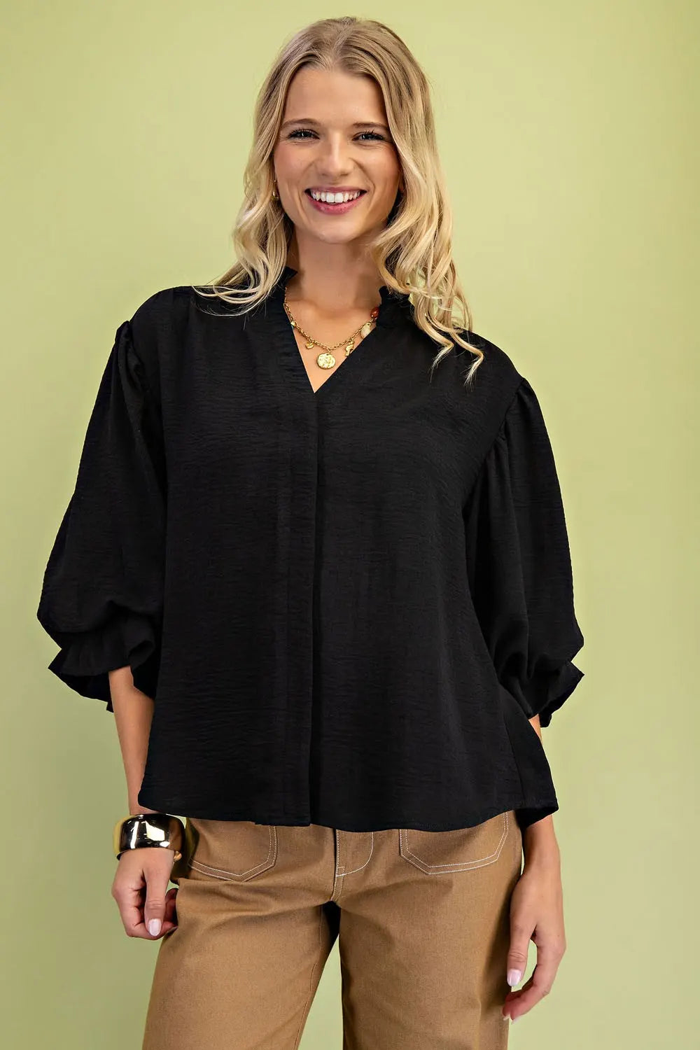 Balloon Sleeve Black Blouse