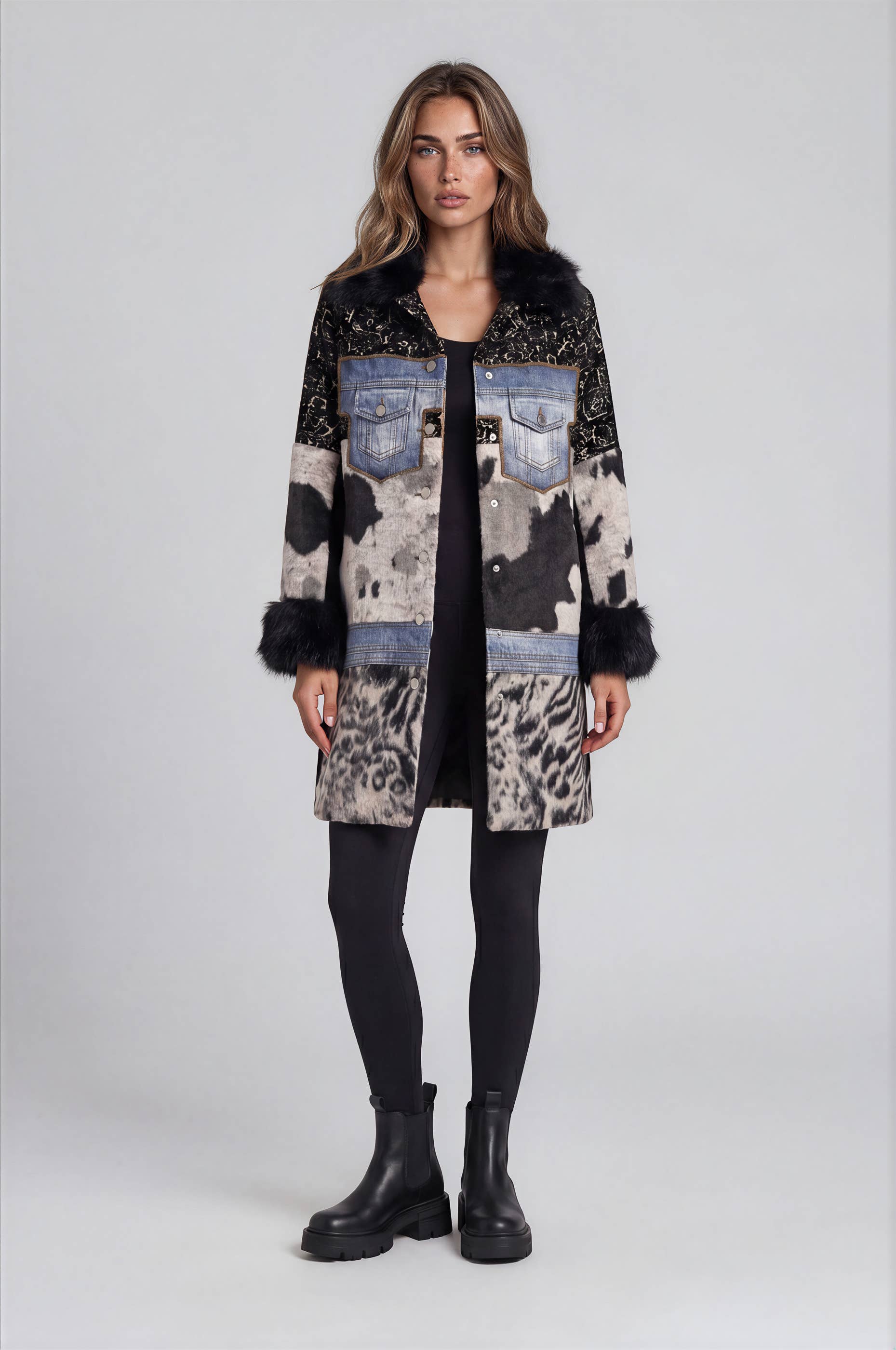 Mixed Media Faux Fur Statement Coat