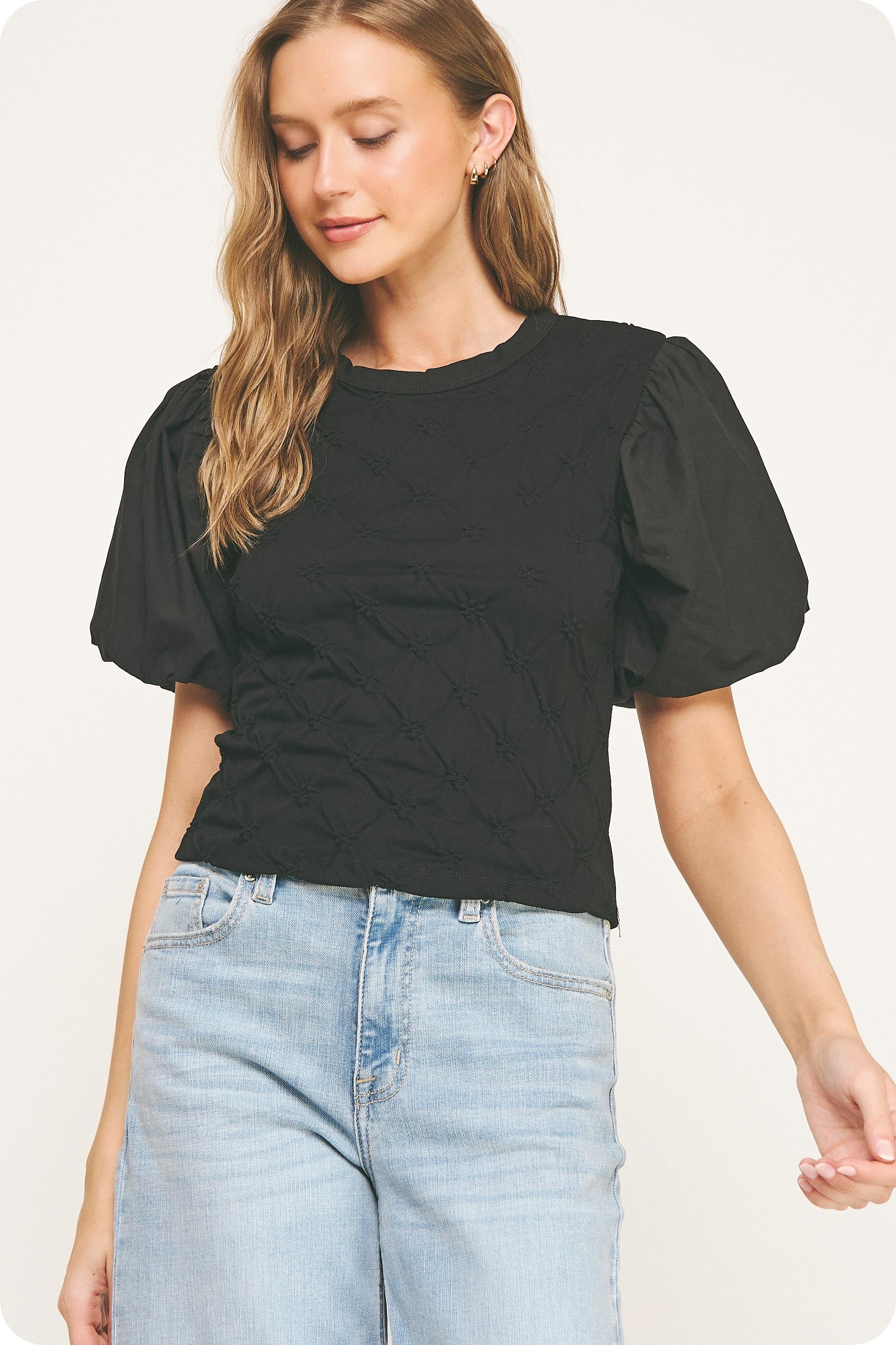 Flower Embossed Puff Sleeve Tee Top