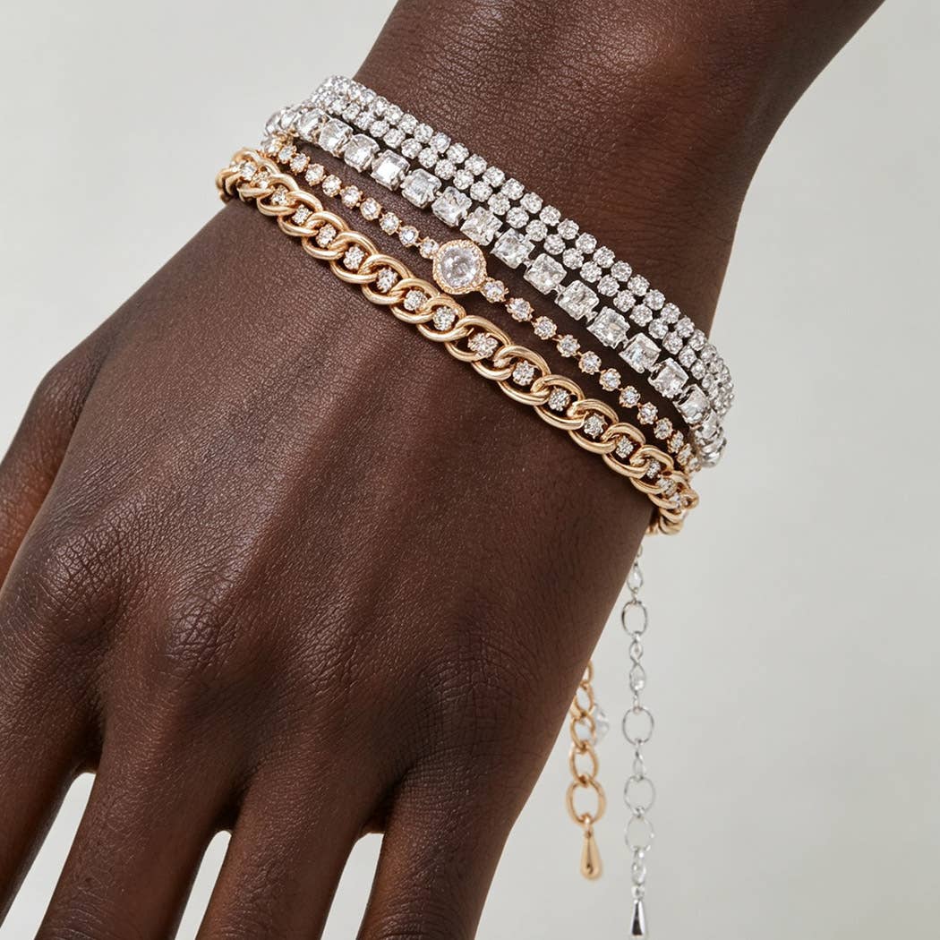 Two Tone Rhinestone & Chain Bracelet Set