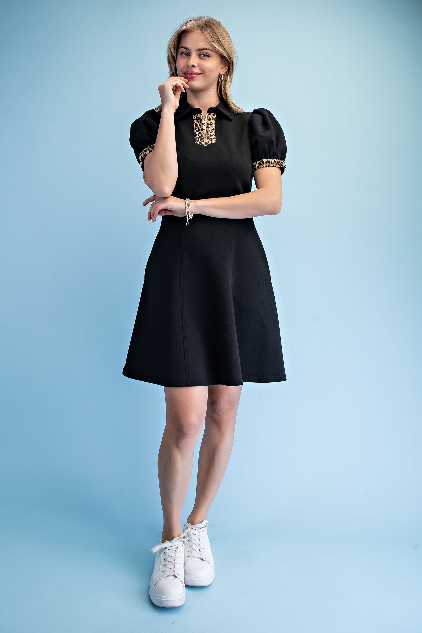 Knit  Dress With Leop Trim