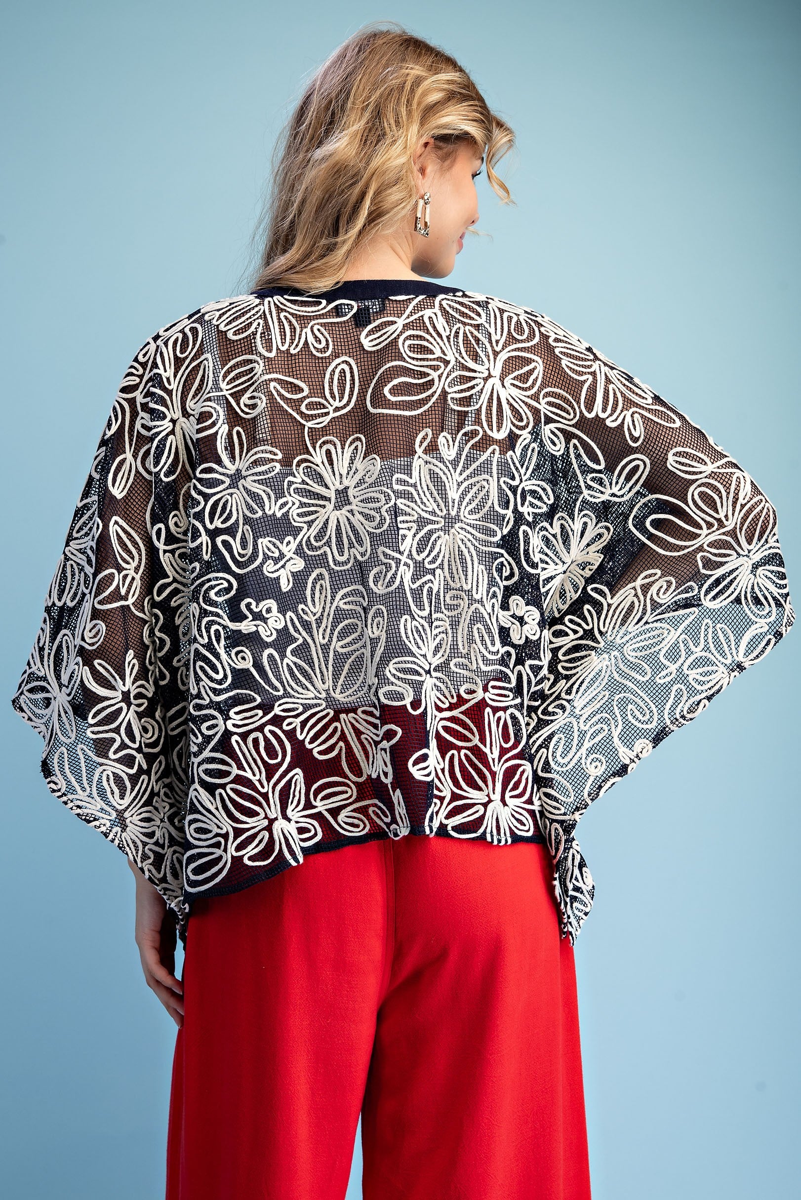 Embroidered Dolman Sleeve Tie Front Top