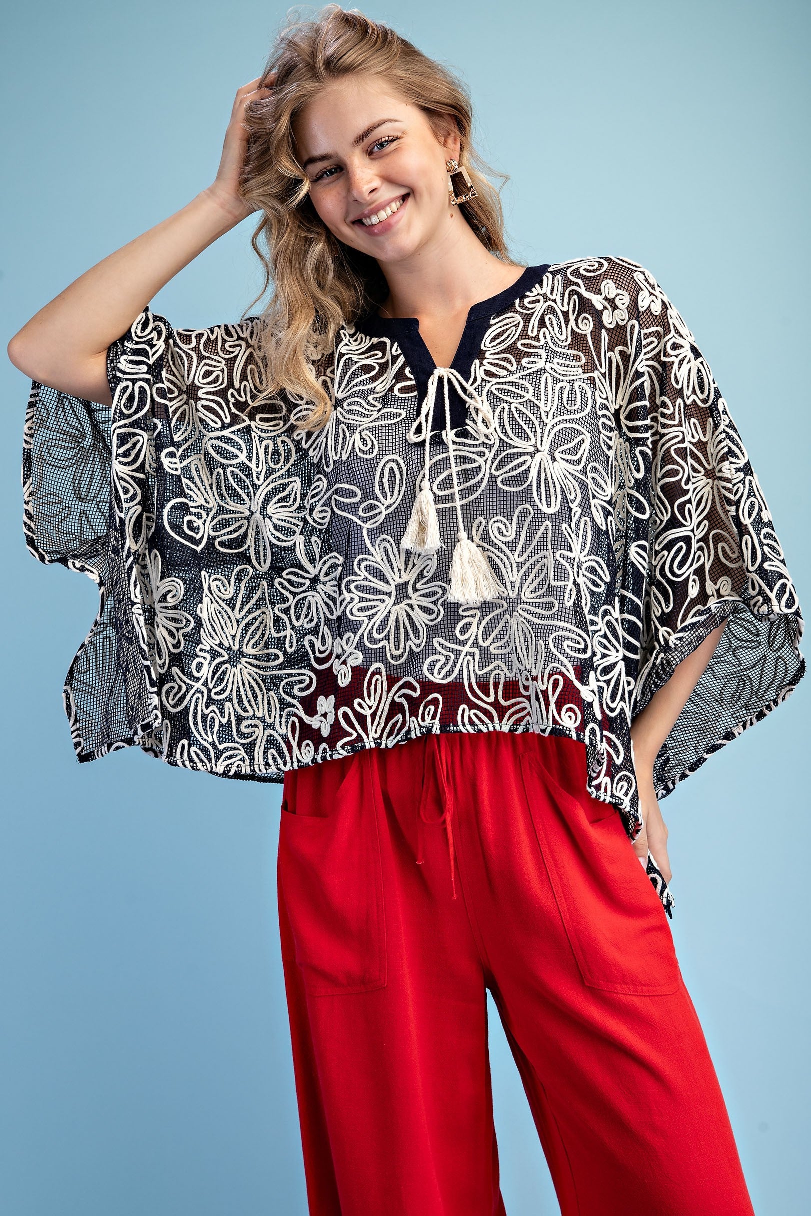 Embroidered Dolman Sleeve Tie Front Top