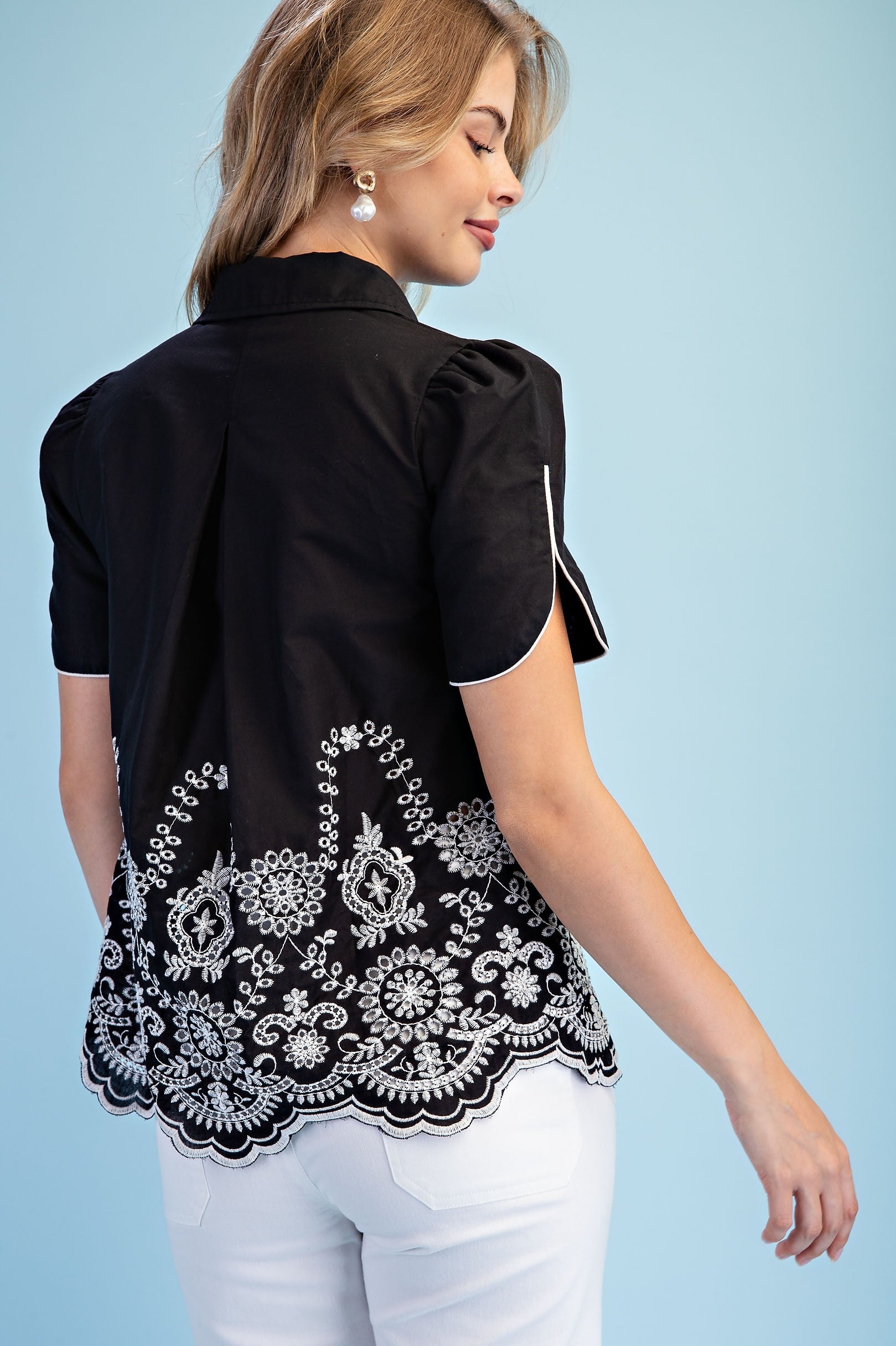 Embroidered Scallop Hem Blouse