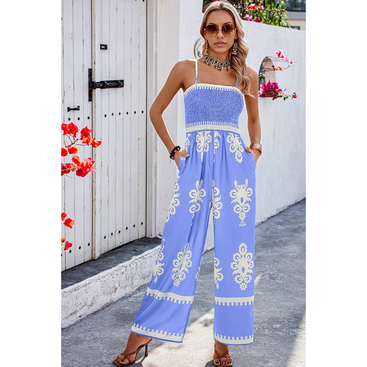 Ruched Printed Jumpsuit