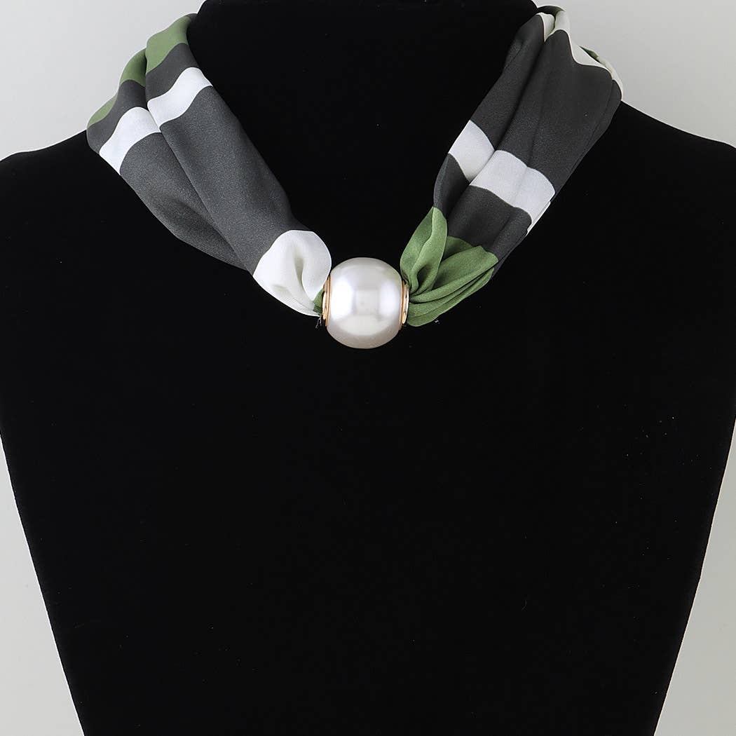 Olive Striped Scarf Pearl Slider Necklace