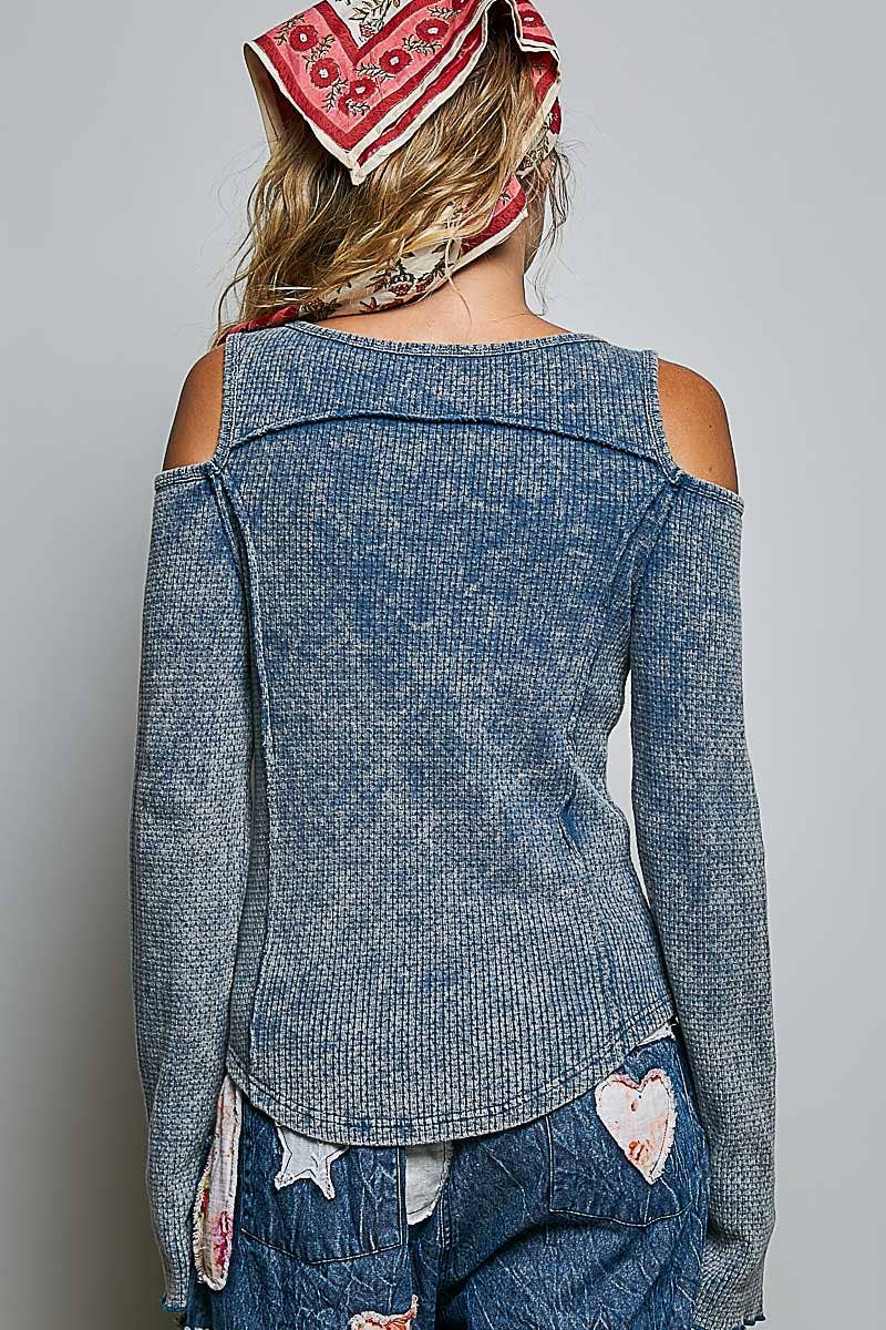 Vintage Washing Solid Buckle Open Shoulder Knit Thermal Top