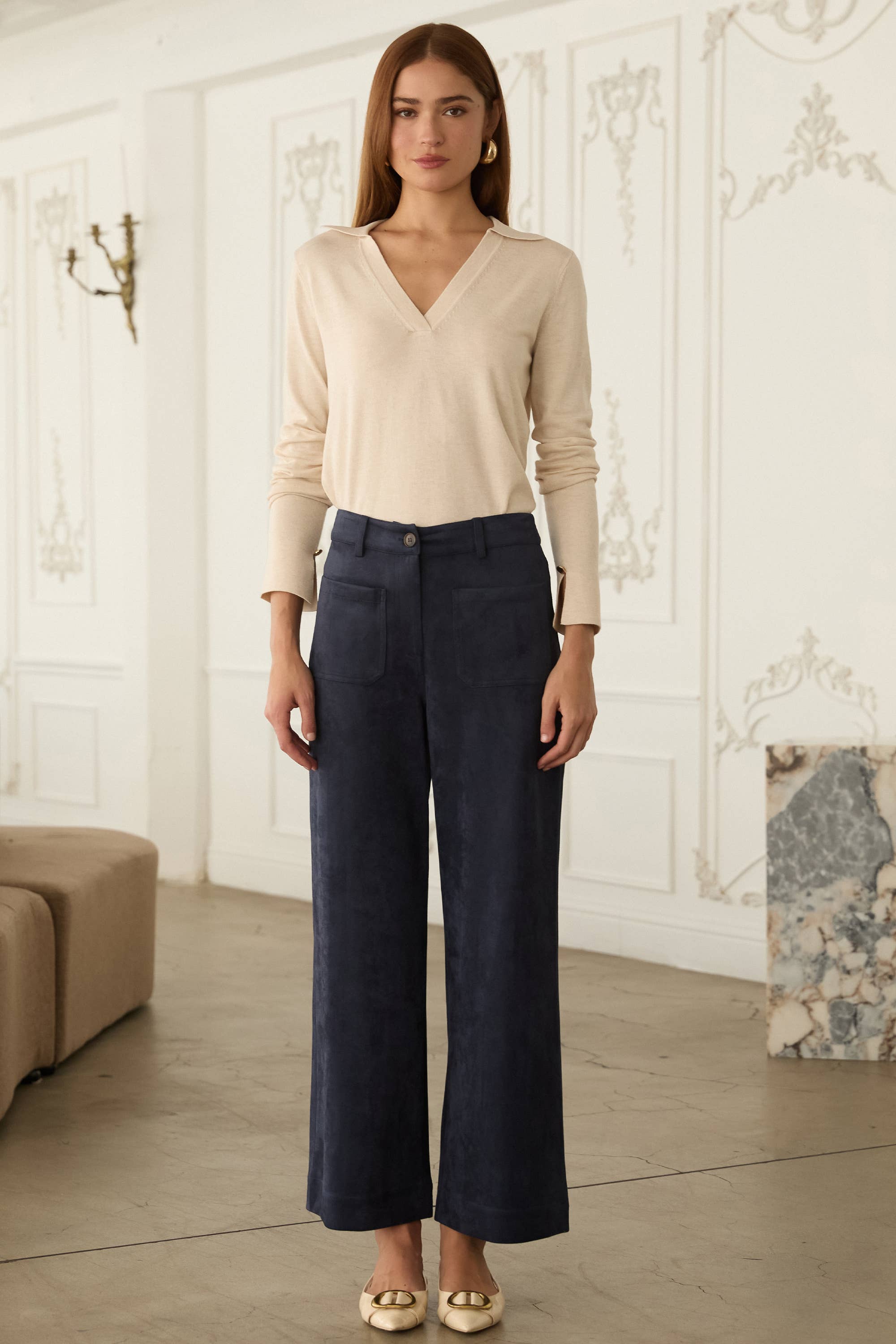 Vegan Suede Wide Leg Pants with Front Pockets