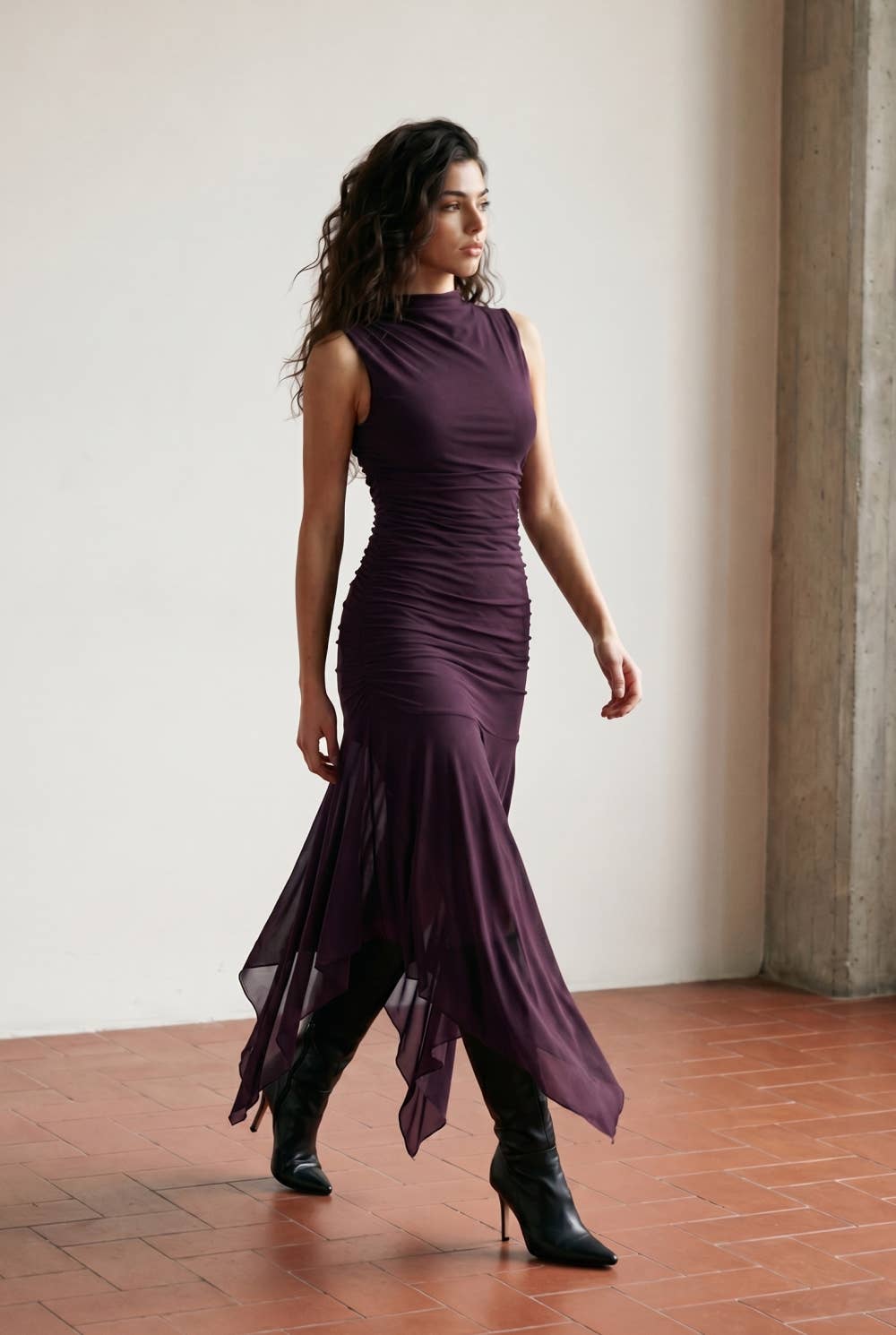 Draped High-Neck Mesh Maxi Dress with Asymmetric Flutter Hem