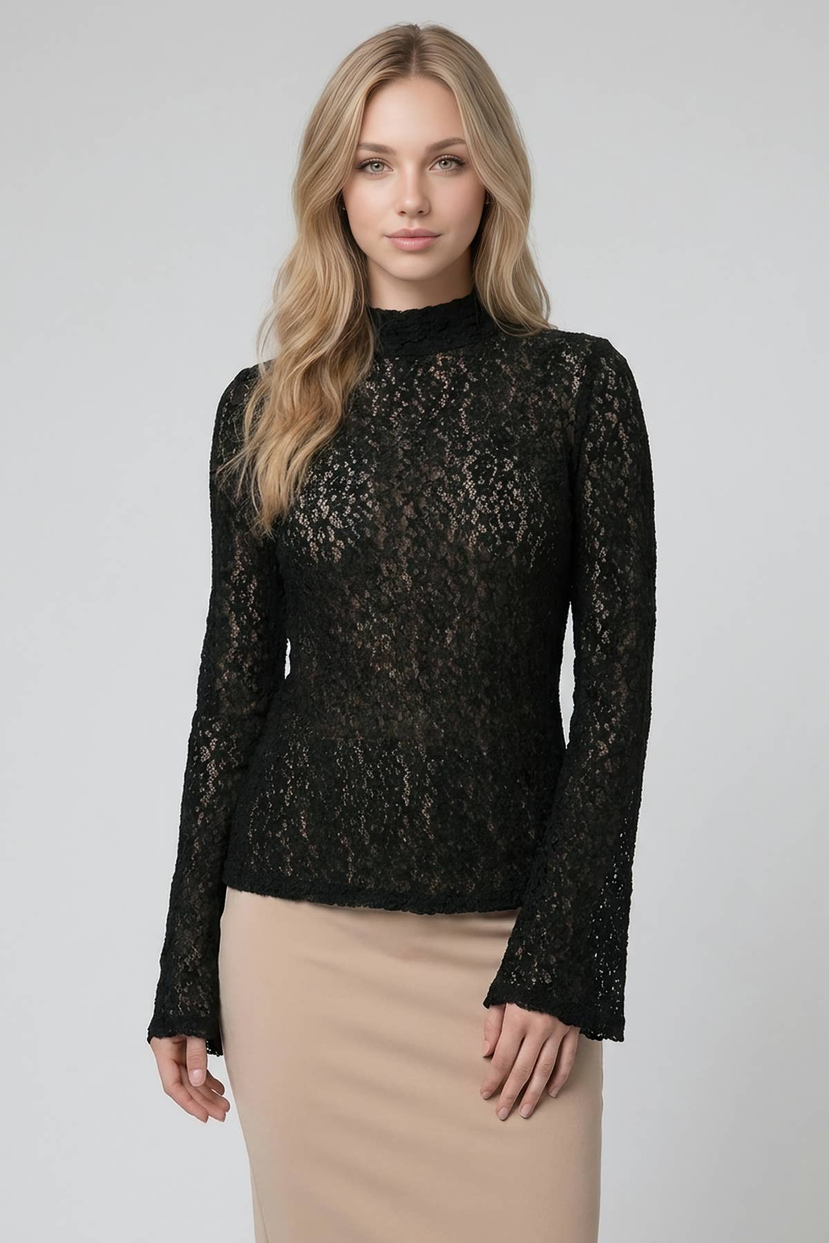 Lace Mock Neck Semi Bell Slv Top