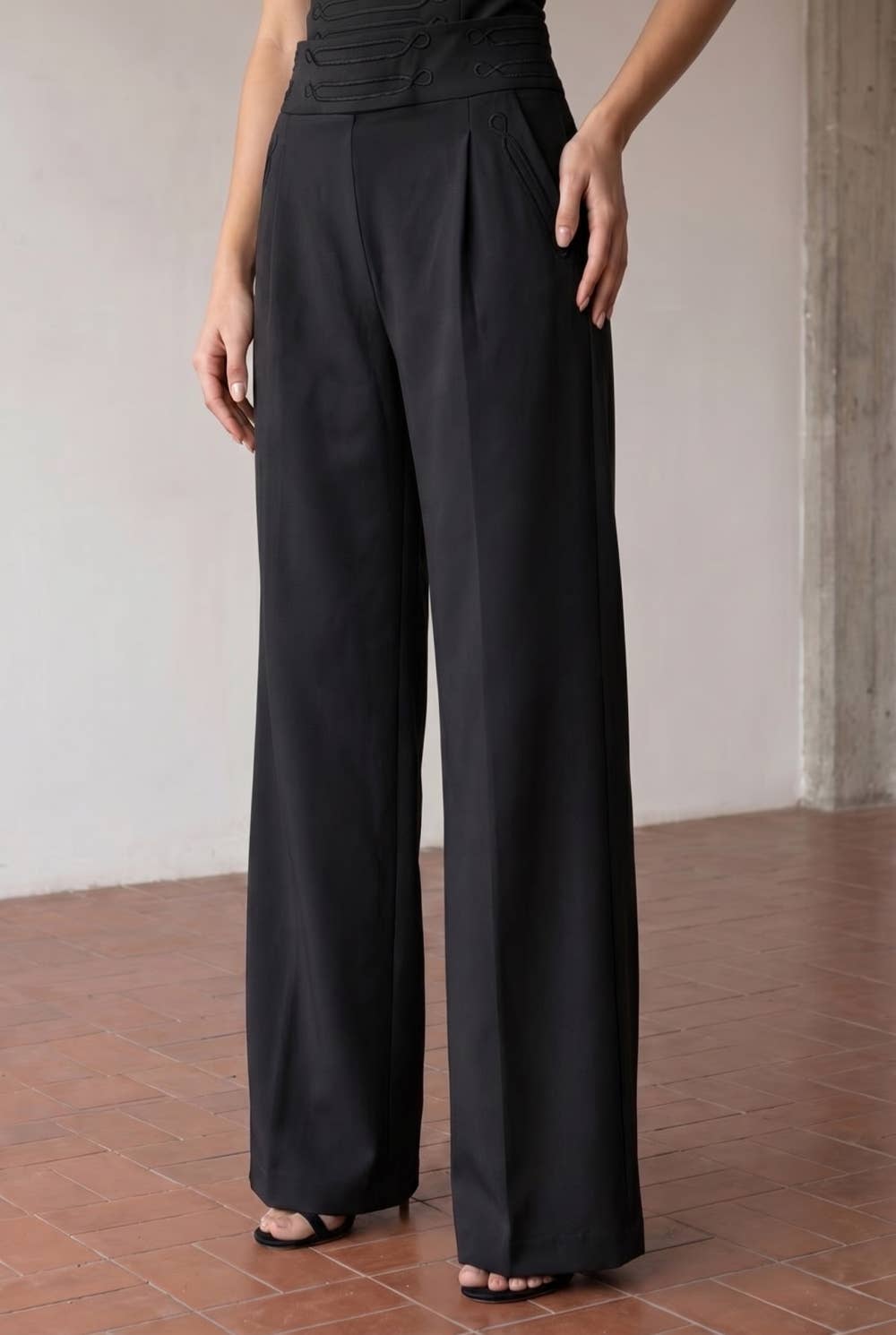 High-Waisted Wide Leg Trousers with Soutache Waistband