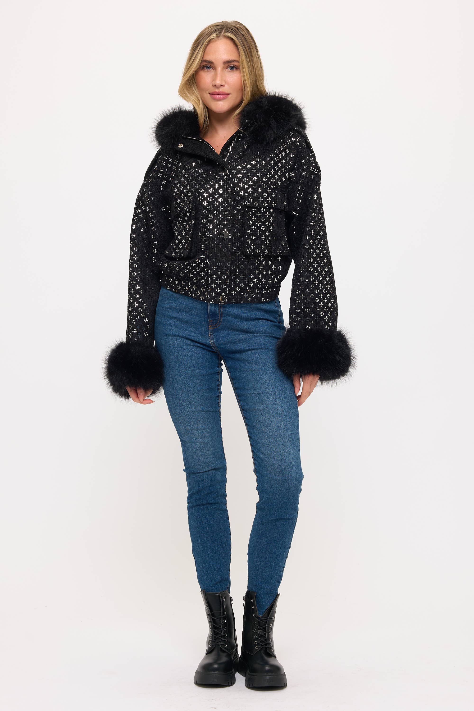 The Starlight Sequin Bomber with Faux Fur Collar