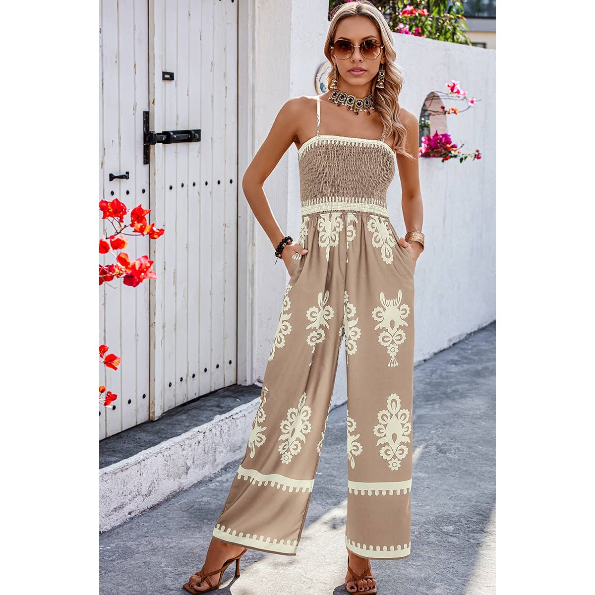 Ruched Printed Jumpsuit