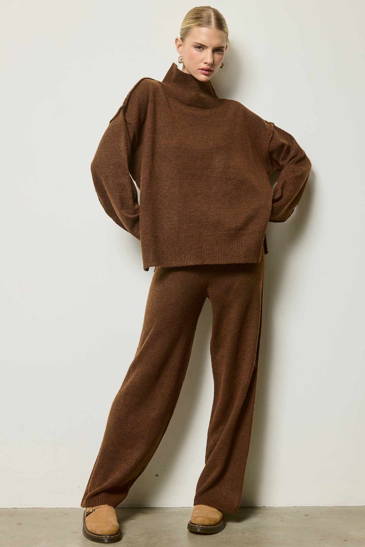 Mock Neck Side Slit Knit Sweater & Pants Set